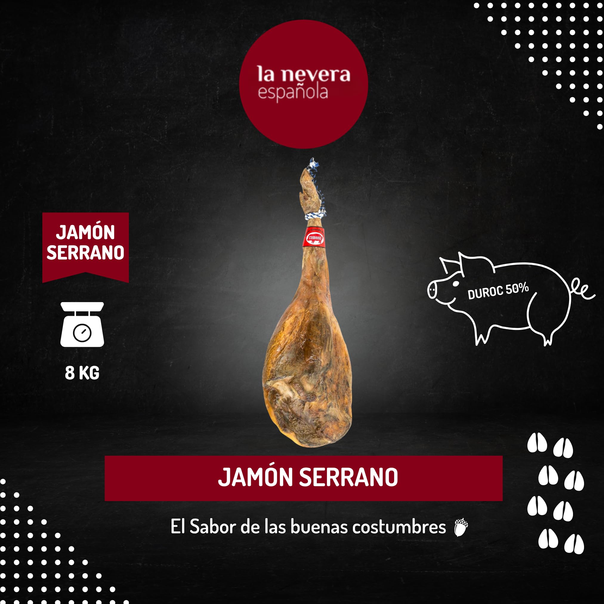 Comabu - Jamón 50% Duroc - Pieza de 8 kg Aprox. - 24 Meses de Curacion y Secado Natural - Jamón Curado con Toque Justo de Sal