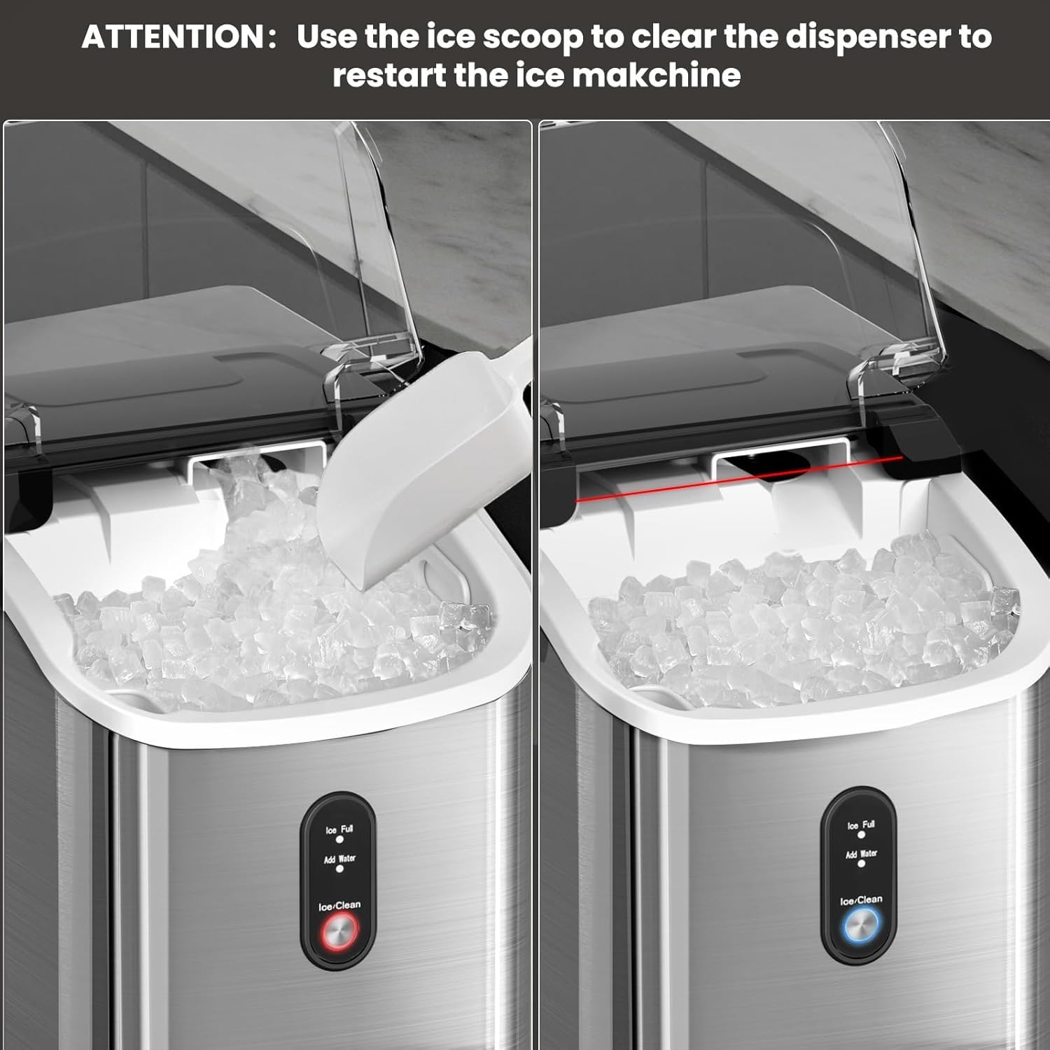 Croze Nugget Ice Maker Countertop with Self-Cleaning Function, Sonic Ice Machine with Handle, Compact Design for Home Use (Stainless Steel Silver)