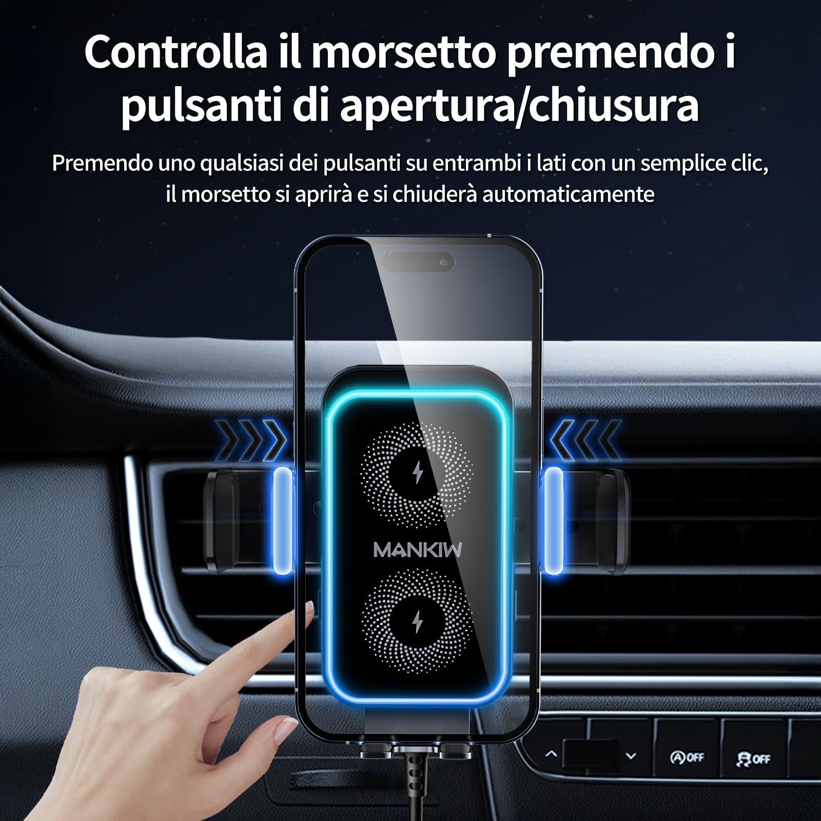 MANKIW Caricatore Wireless Auto, 15W Ricarica Wireless Auto con Bloccaggio Automatico, Rotazione 360° & Luci RGB, Compatibile con iPhone 16/15/14/13/12 Mini Pro Max, Galaxy S25/S24/S23 Ultra ecc