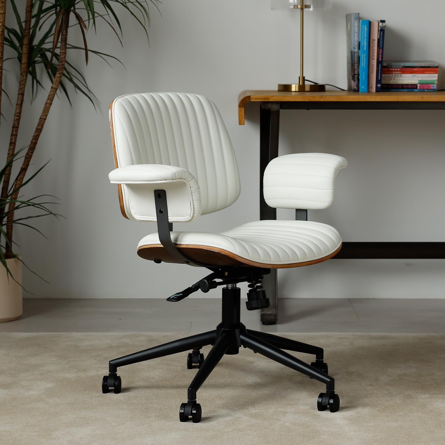 PELLEBAR Home Office Desk Chair, Mid-Century Executive PU Leather Chair with Padded Armrests, 360° Swivel Ergonomic Task Chair,Adjustable Height (Pu Leather,Beige) — image 1