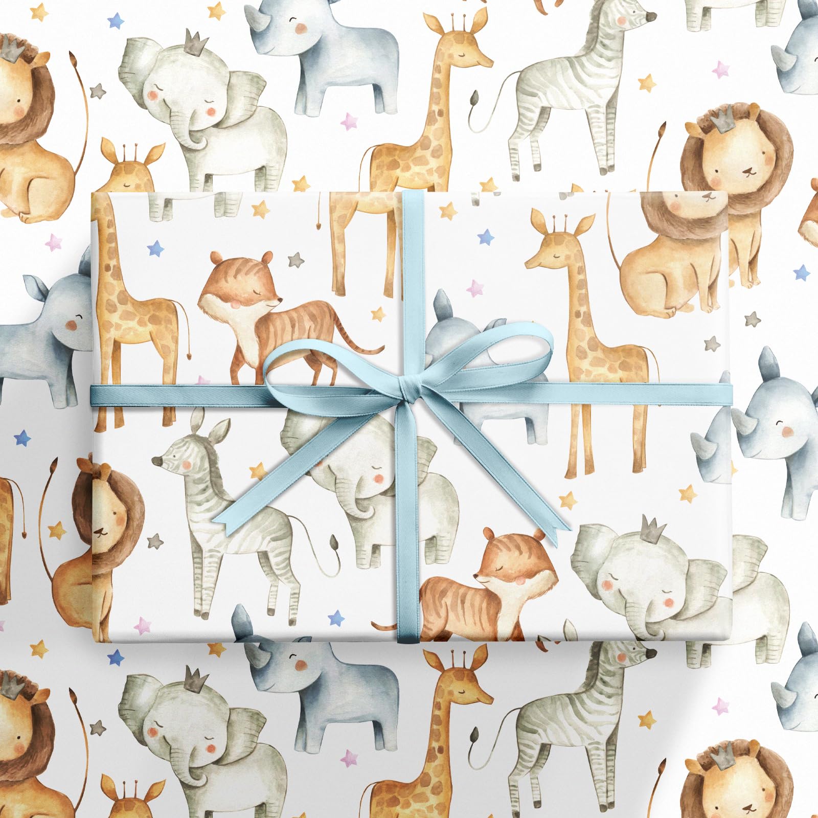 RUSPEPA Rollo De Papel De Regalo Con Animales De La Selva Para Niños Y Niñas, Lindo Diseño De Safari Con Elefante, Jirafa, Cebra, León, Papel De Regalo Para Cumpleaños Infantiles, 43,2 Cm X 5 M