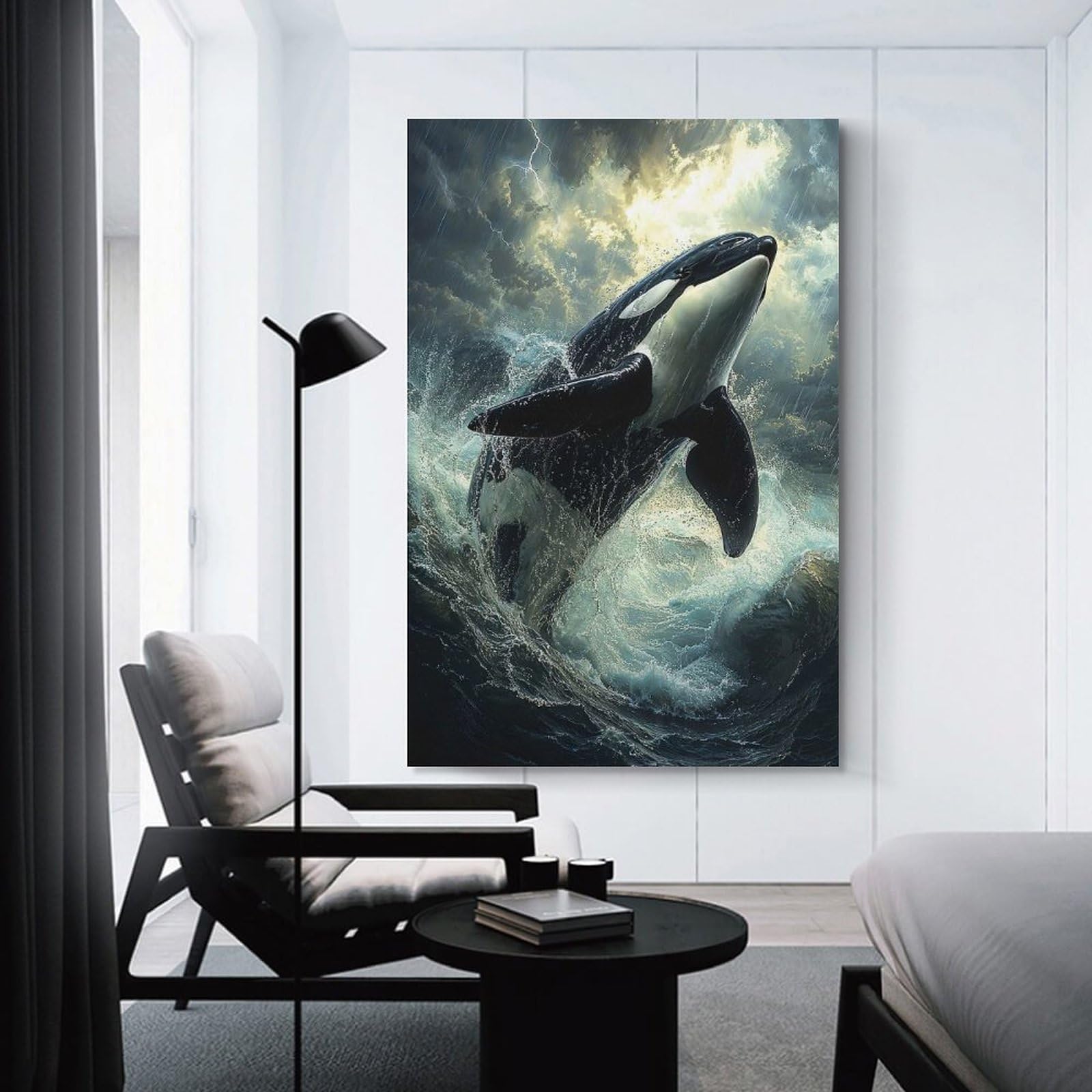 Junmoney Orca Leaping Storm Hanging Wall Art 24x36inch(60x90cm), for Bedroom Walls, Guest Spaces Or Lounges, Home Artwork with A Soft Interior Feel
