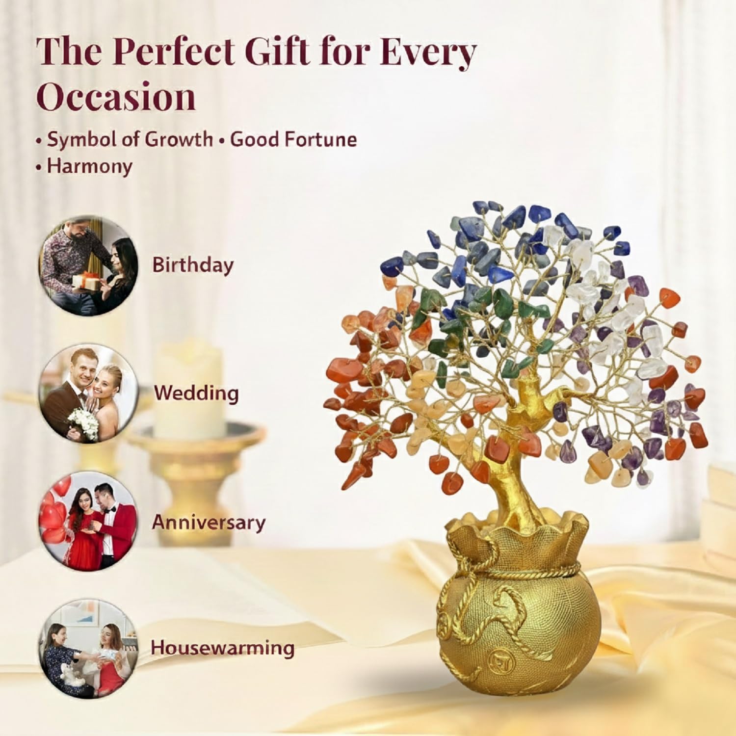 JD FRESH Feng Shui 7 Chakra Crystal Tree with Golden Money Bag Base/Natural Gemstone Decorative Showpiece Bonsai Tree for Home & Office Décor, Good Luck Diwali Gift, Wealth & Prosperity 2