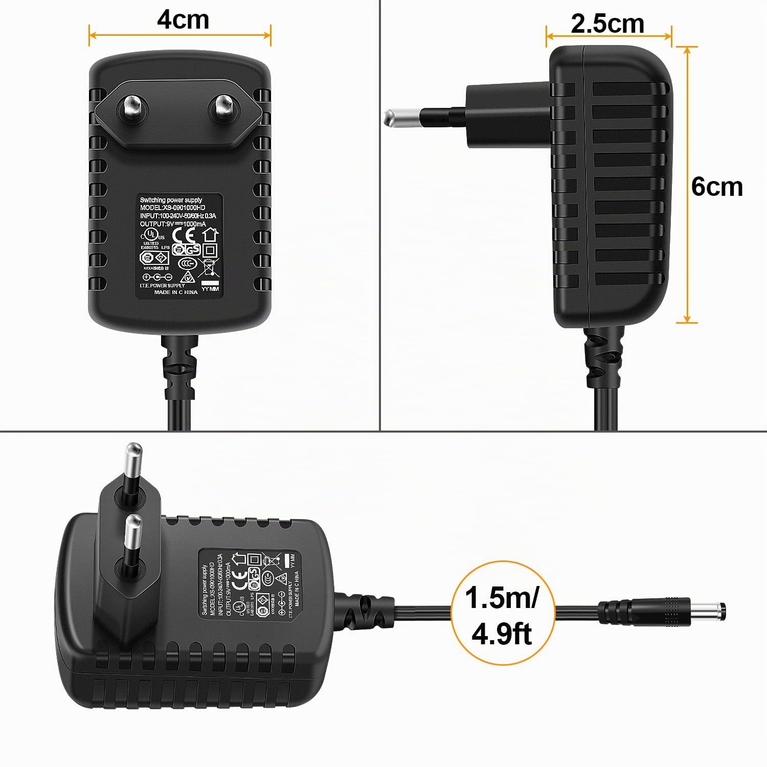 NEUMA Alimentation Adaptateur Prise UE CC 9V 1A Chargeur Secteur pour Pédale d'Effets Guitare Basse avec Câble de 5 Voies
