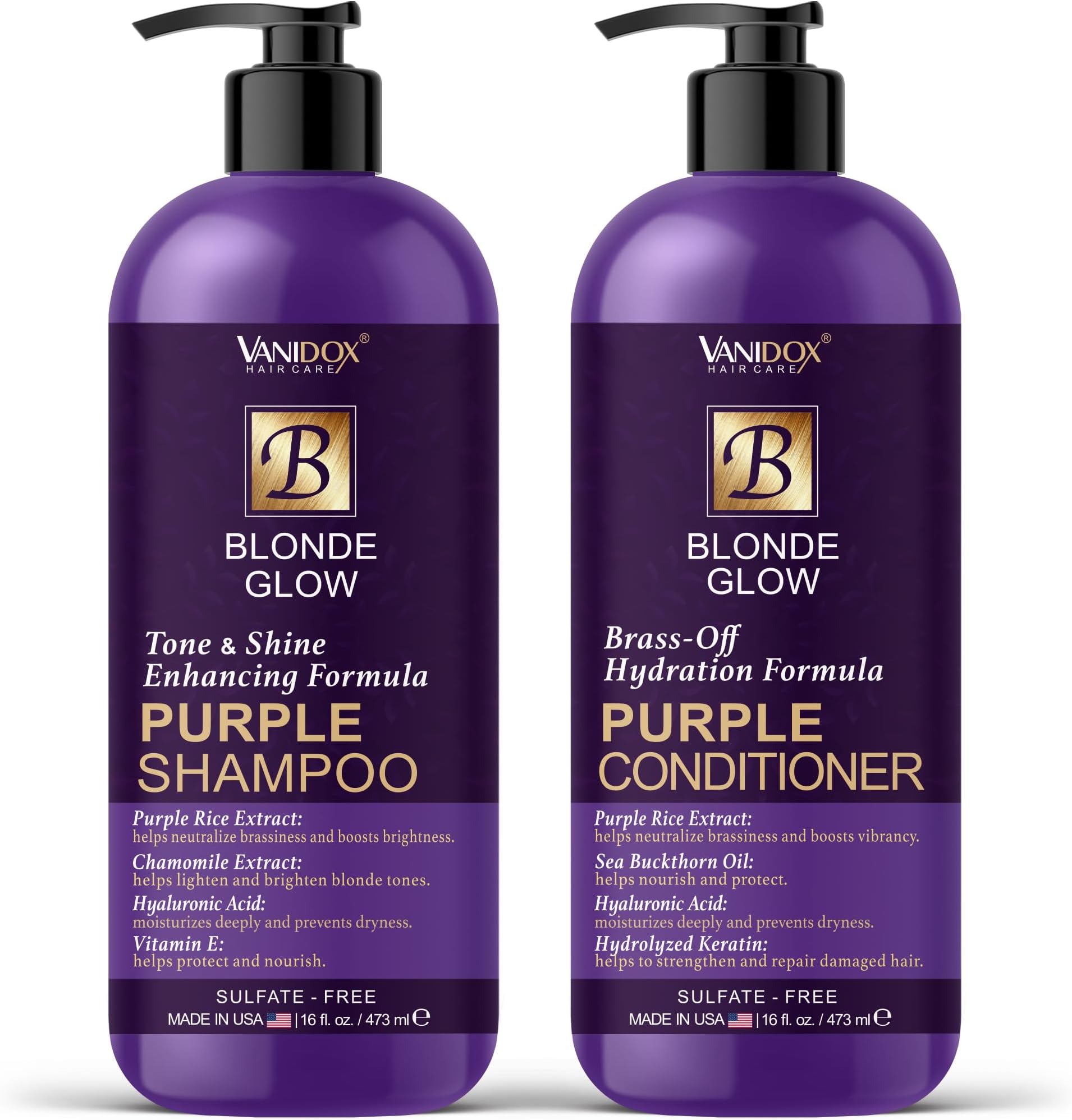 Sulfate Free Brass Toning Purple Shampoo and Conditioner Set for Blondes, Brown Highlighted, or Bleached Hair, Shampoo for Blondes Infused with Purple Rice Extract (16 fl oz each)