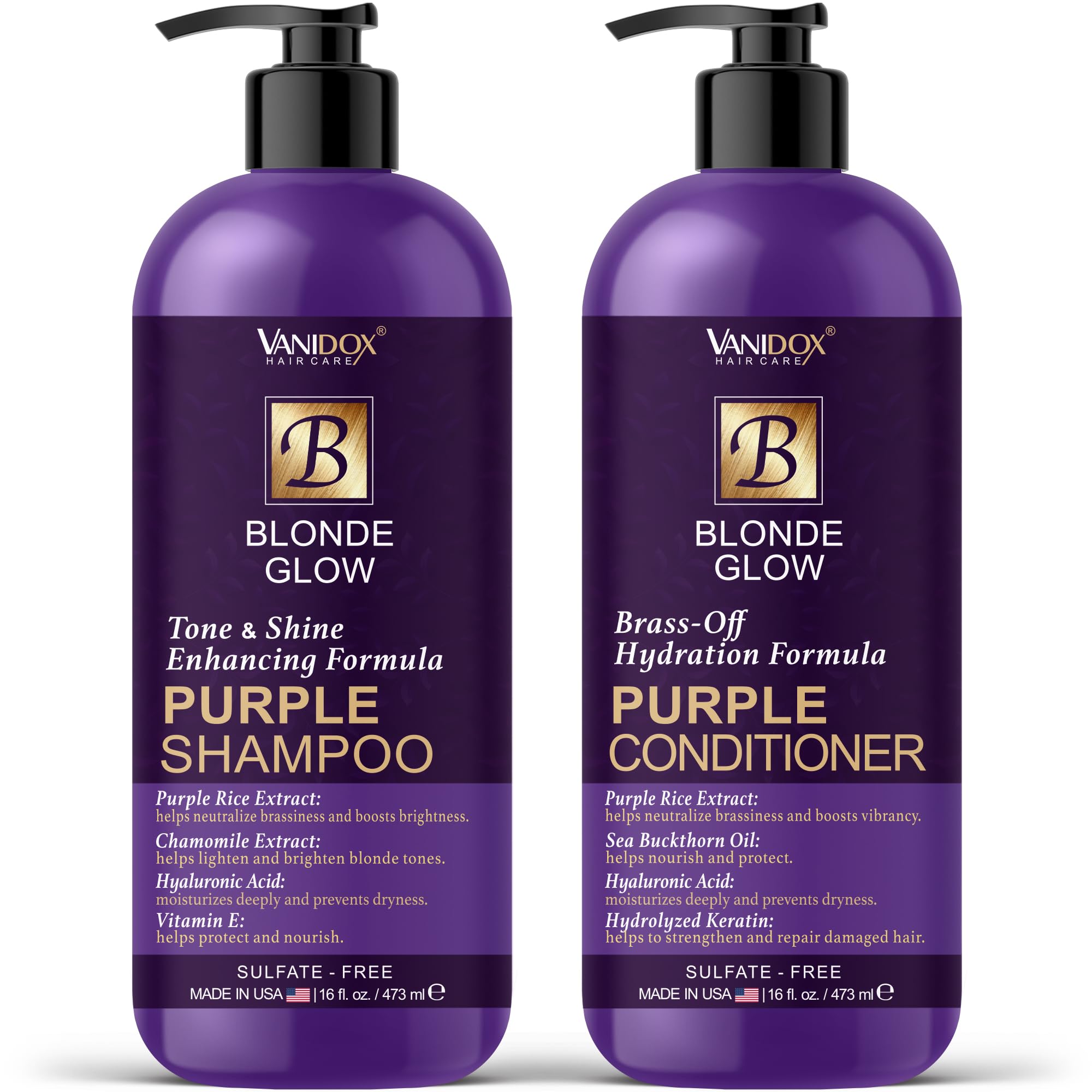 Sulfate Free Brass Toning Purple Shampoo and Conditioner Set for Blondes, Brown Highlighted, or Bleached Hair, Shampoo for Blondes Infused with Purple Rice Extract (16 fl oz each)