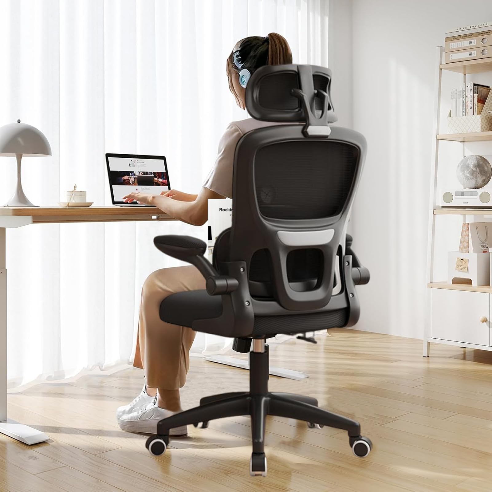 Office Chair Ergonomic Desk Chair, High Back Computer Chair for Long Hours Comfortable, Rolling Swivel Executive Task Chair for Home Office with Flip-up Armrests, Black