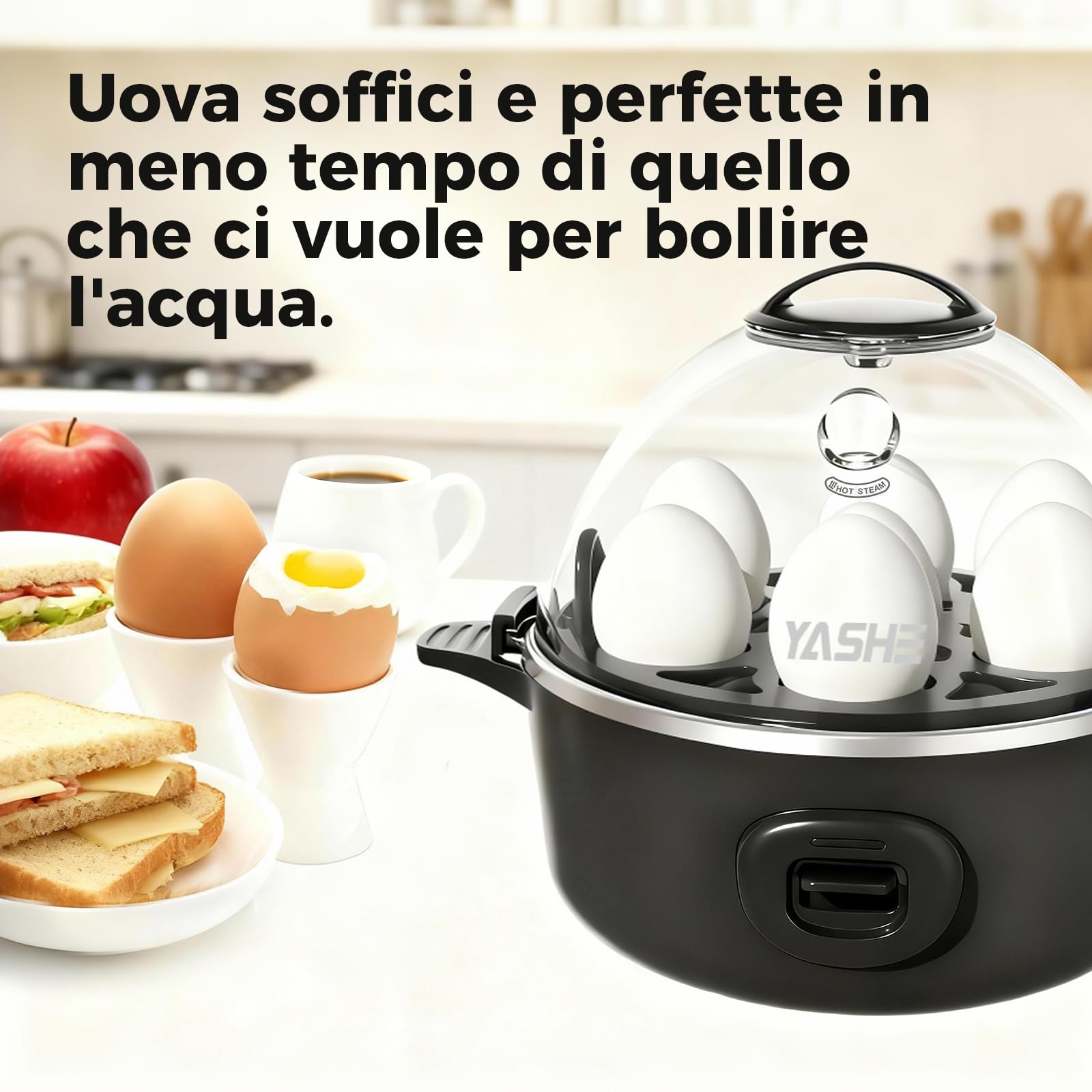 YASHE Cuociuova elettrico per 7 uova sode, medie e alla coque, in camicia, per frittate con vassoio e ciotola per uova senza BPA, spegnimento automatico, cicalino musicale, nero