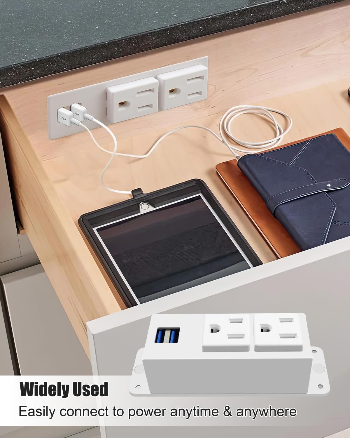 Upgraded Drawer Outlet Kit, in Drawer Receptacle Kit with 2 15A AC Outlets & 2 5V2A USB-A, Compact Drawer Outlet Charging Station for Bathroom Kitchen Bedroom Vanity Nightstand Offices, White