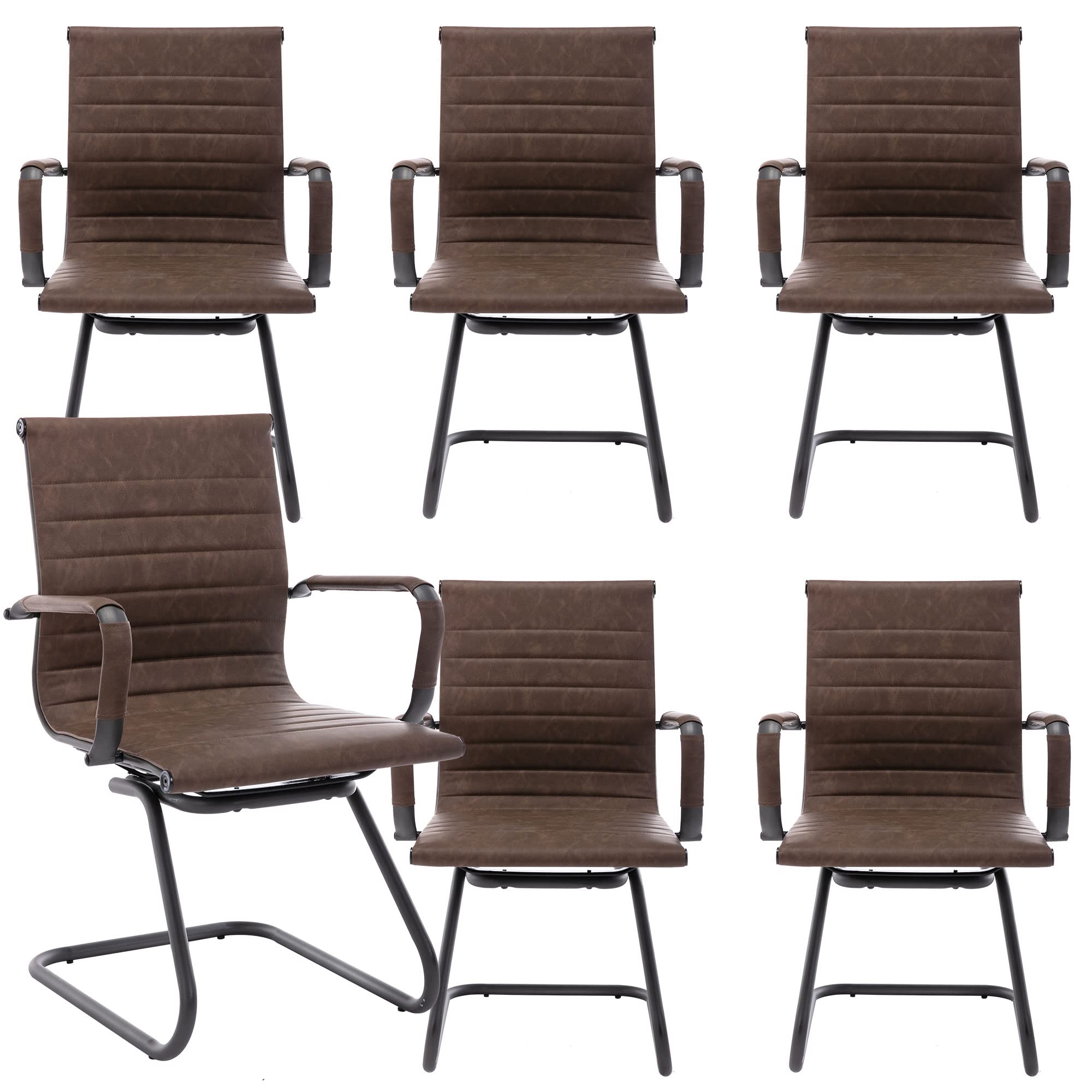 Office Desk Chair No Wheels Set of 6 PU Leather Computer Chairs Mid Back Guest Chairs for School Reception Conference Waiting Room, Vintage Brown