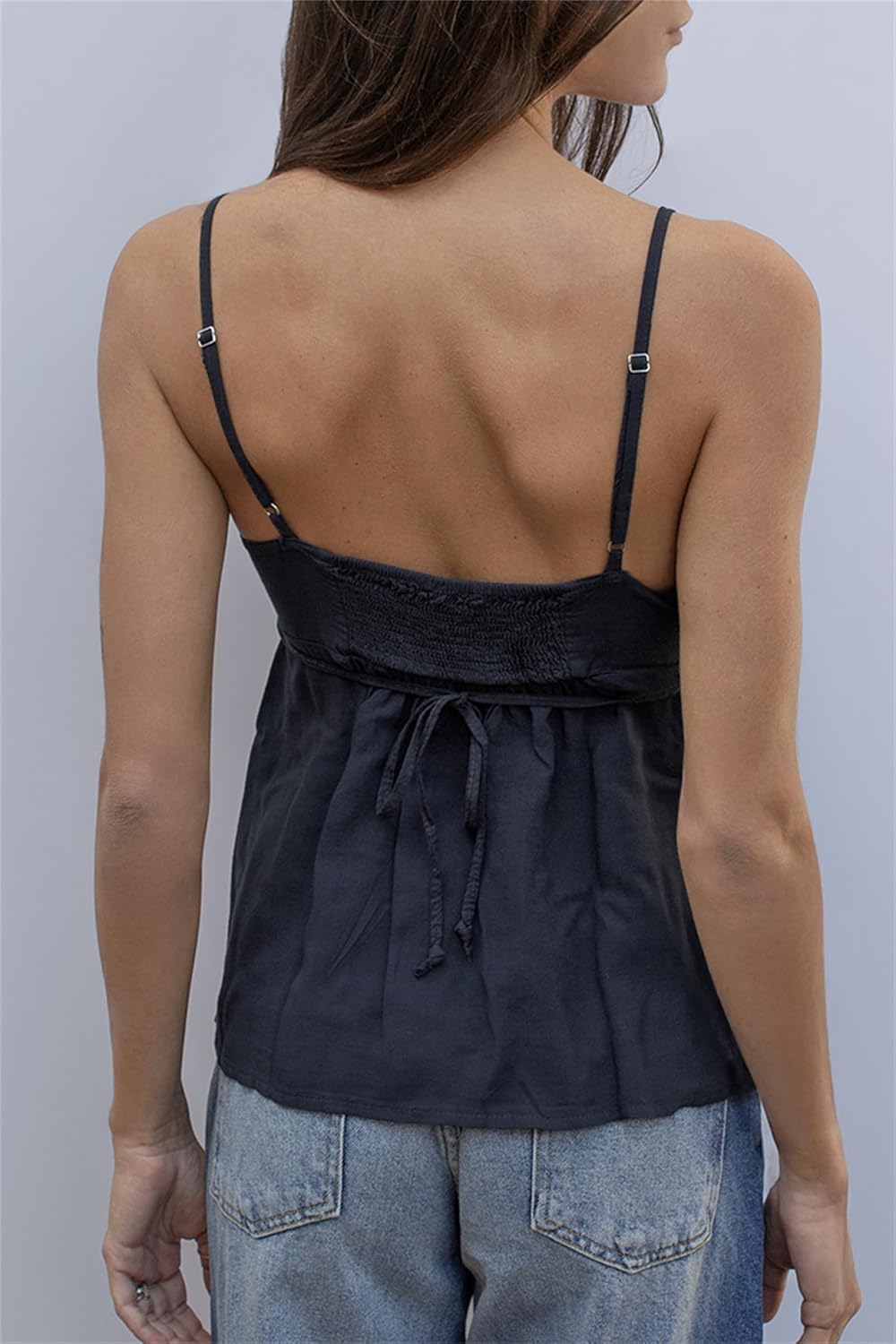 Women Lace Trim Babydoll Cami Top Spaghetti Strap Peplum Lace Tank Top Sexy Low Cut Backless Flowy Cami Shirt - Image 3