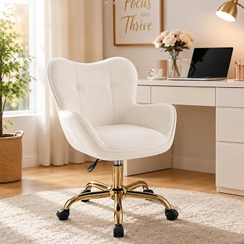 Vanity Chair with Wheels, Cute Home Office Desk Chairs Adjustable Height for Living Bedroom, Small Modern Fluffy Velvet Makeup Chair with Back for Girls White