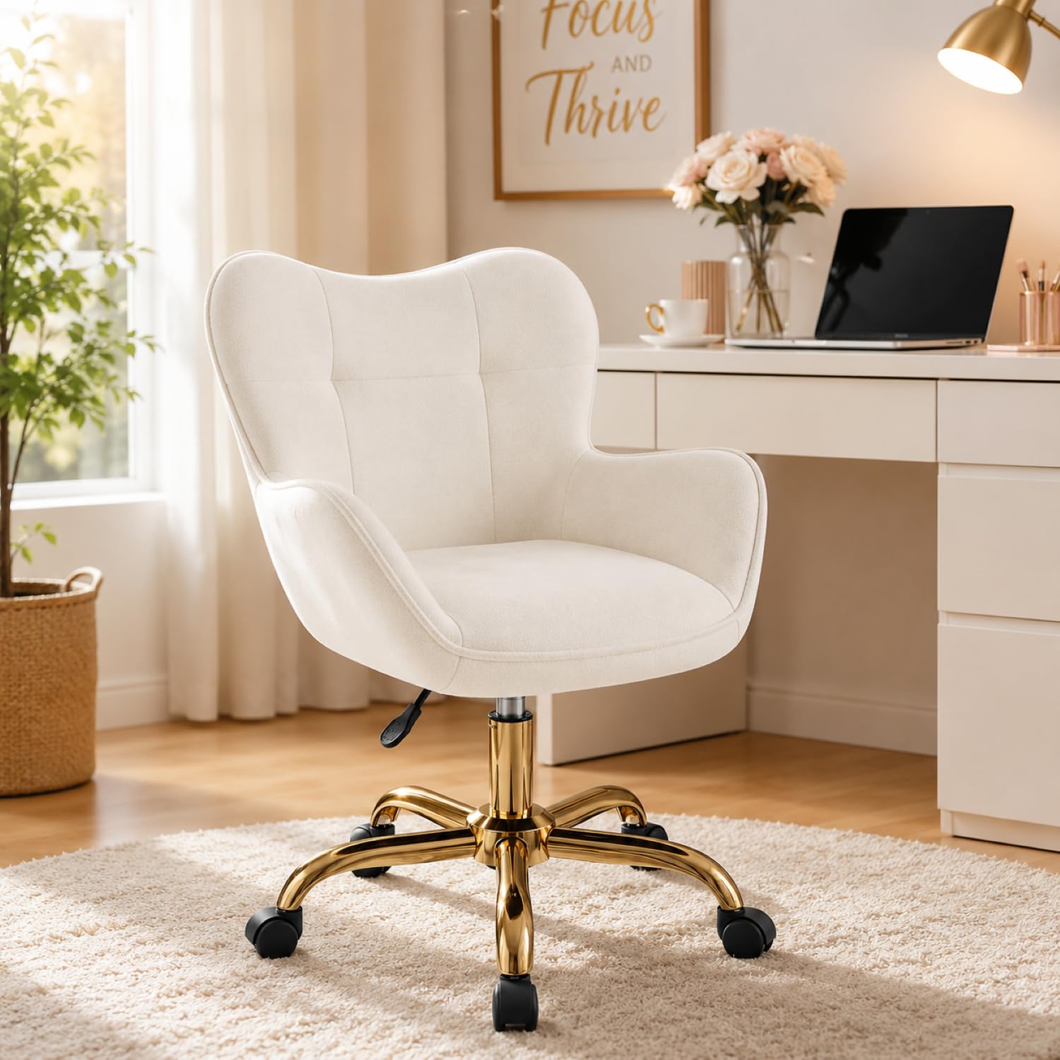 Schminkstuhl mit Rollen, niedlicher Schreibtischstuhl, höhenverstellbar, für Schlafzimmer, moderner Make-up-Stuhl mit Rückenlehne (weiß)