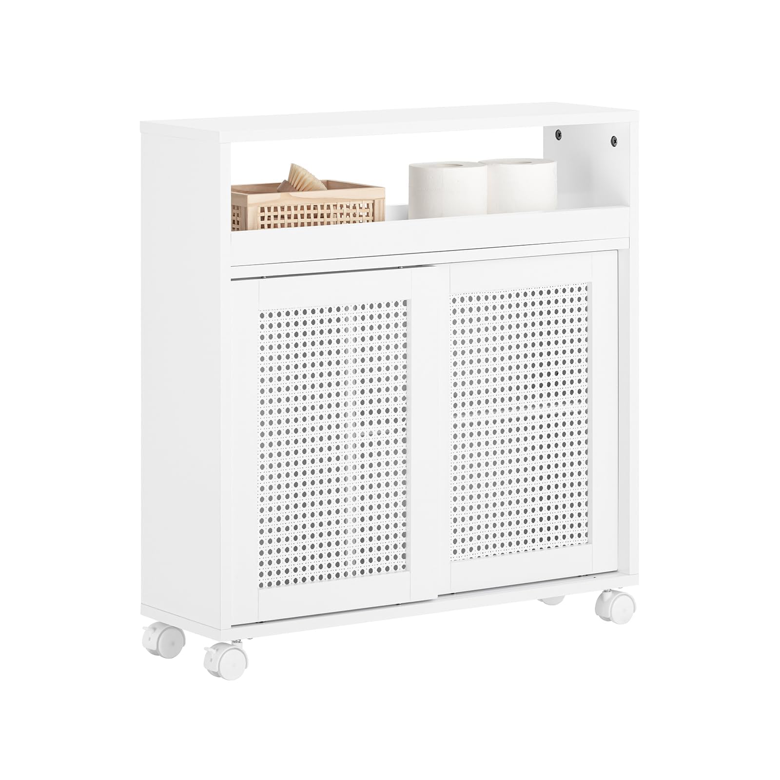 SoBuy schmaler Badezimmerschrank mit Rollen – Nischenschrank 20cm – Badschrank zur Aufbewahrung von Toilettenpapier – Badmöbel aus Holz mit höhenverstellbaren Einlegeböden, Weiß, 20x70x65cm, BZR119-W