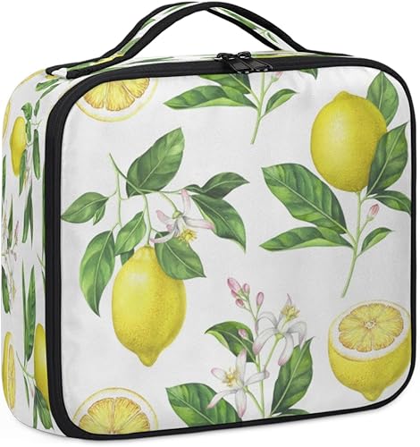 Miniatura 6 de Bolsa de maquillaje de viaje para mujer, grande, cuadrada, portátil, portátil, profesional, coqueta, estuche cosmético con asa, flores de limones,