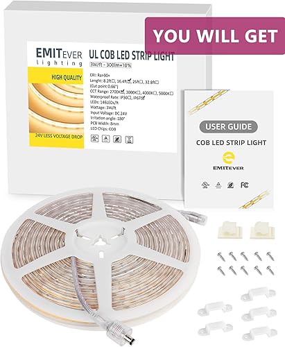 Miniatura 8 de EMITEVER COB - Tira de luces LED impermeable IP67, 2700 K, blanco cálido, para exteriores, 24 V, cinta LED de silicona regulable, iluminación de