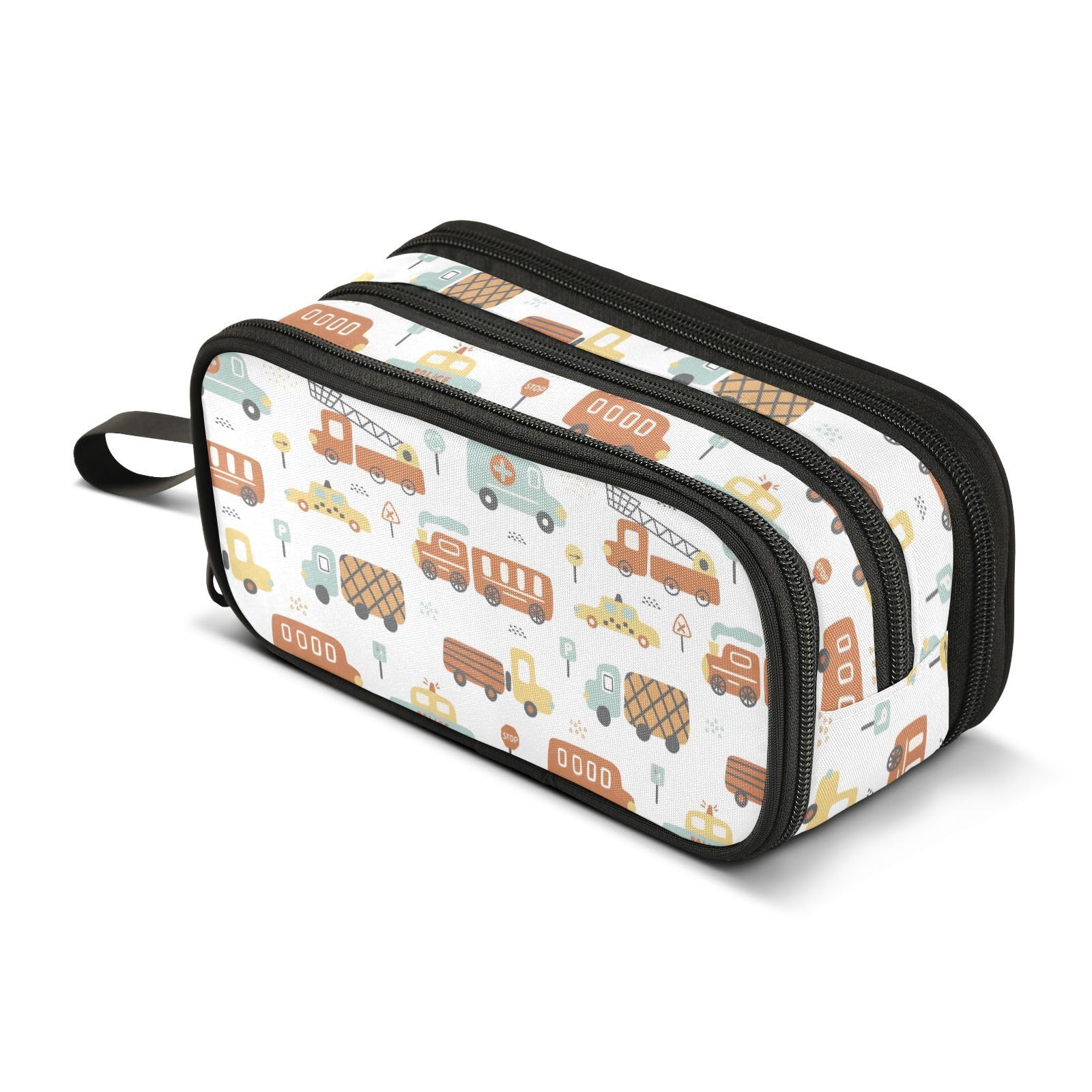 ZAZYXTJ Cute Cars Large Capacity Pencil Case 3 Compartment Pen Pouch Storage Canvas Makeup Bag for School Office Teen Girl Boy Men Women