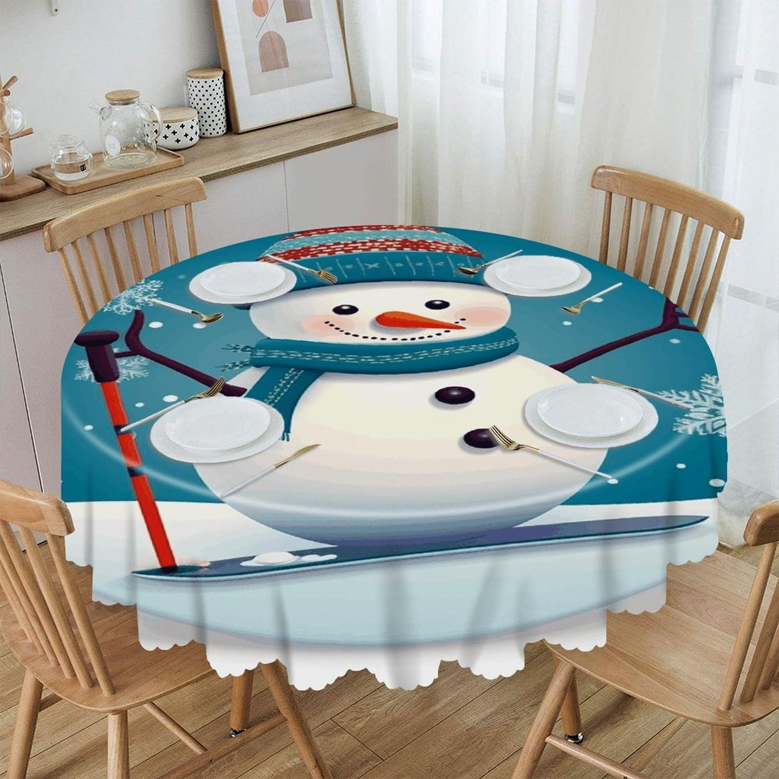 Lovely Christmas Cartoon Skiing Snowman Snowflake Round Tablecloths 60 Inch Resistant Washable Polyester Table Cloth Style Decorative Circle Fabric Table Cover for Dining Kitchen Party Farmhouse Outdo