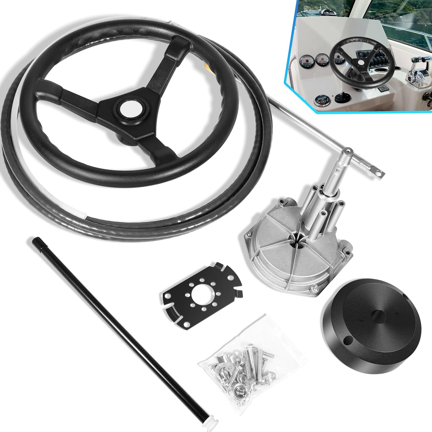 bonboBoat Steering System Kit with 10FT Steering Cable, 3/4" Tapered Shaft, Swivel Helmet, 13.5" Steering Wheel, 90 Degree Bezel Kit and Hardware