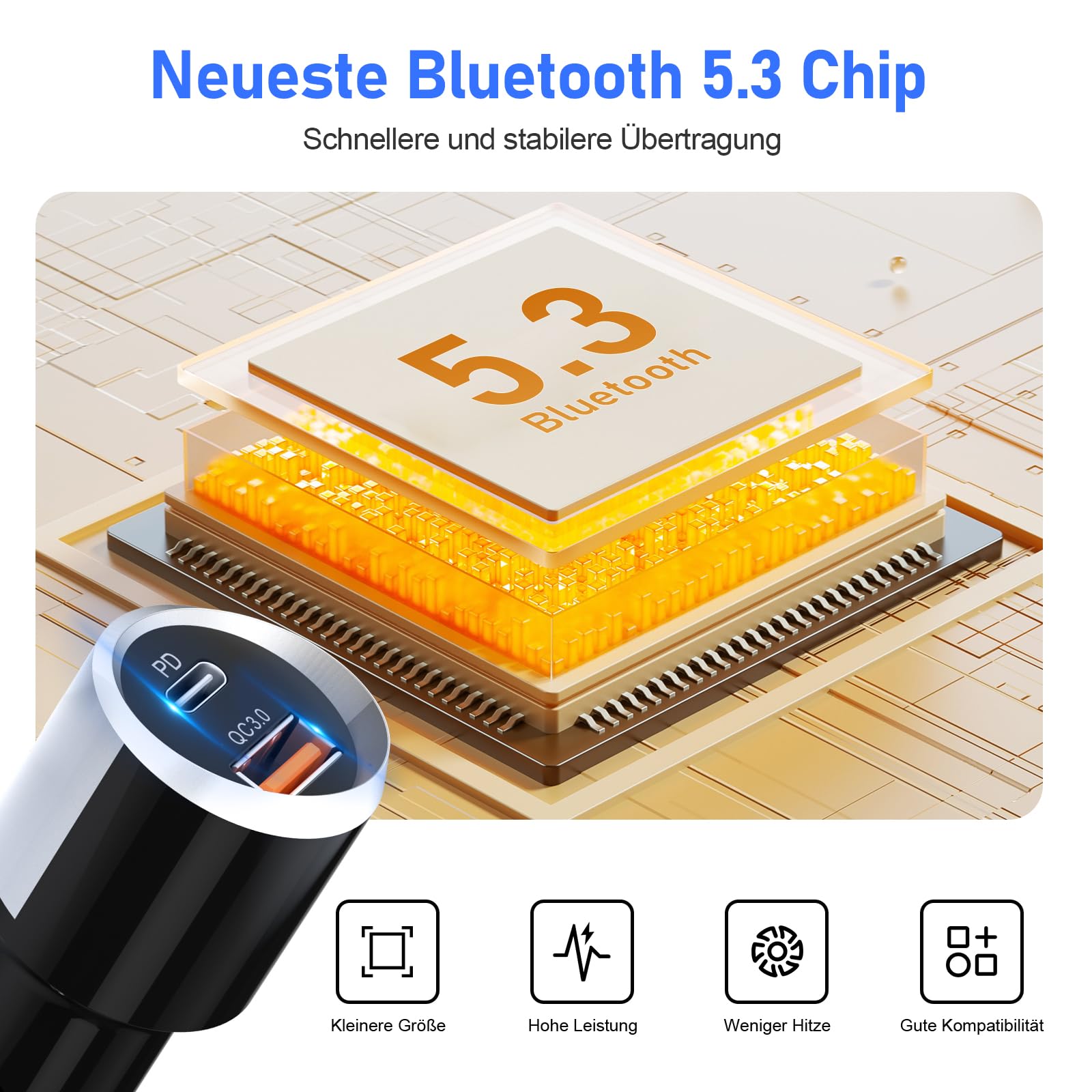 Bluetooth 5.3 FM Transmitter, SONRU Bluetooth Adapter Auto mit Freisprechanlage, [30W PD & 18W QC3.0] Schnelles Autoladegerät mit LED Farblicht Unterstützungs Aux Ausgang und TF Karte