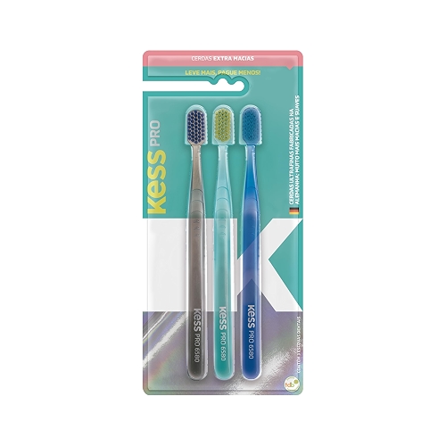 Kess, Pack com 3 Escovas Dentais Pro Extra Macias, Cores Sortidas