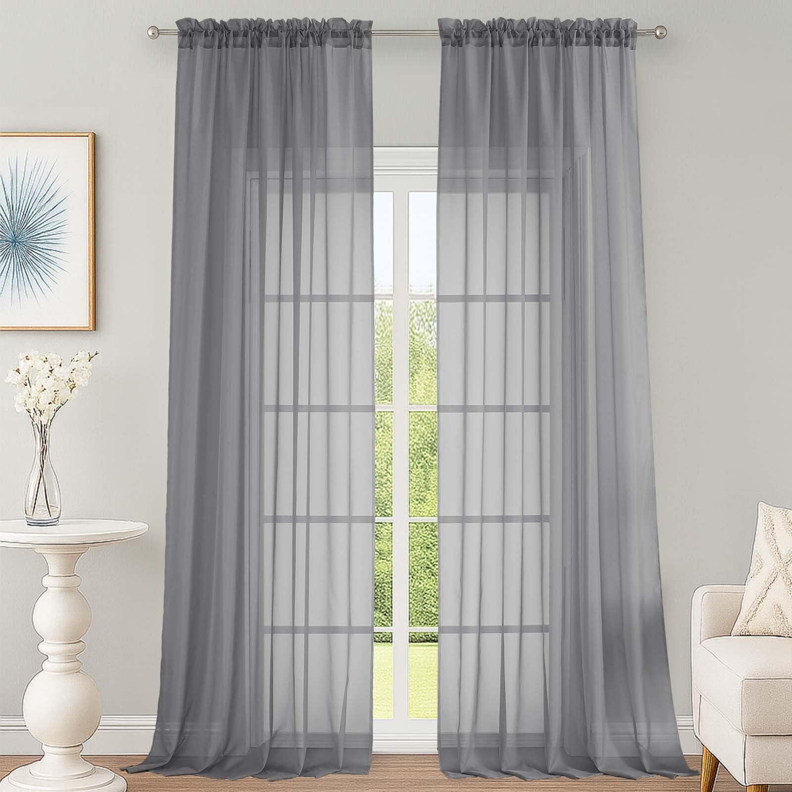 Grey Sheer Curtains 120 Inches Long 2 Panels Set, Airy Lightweight Sheer Grey Curtains for Living Room Bedroom, Farmhouse Voile Filmy Rod Pocket Curtains Drapes, 2 Pcs, Each 59" Wx120 L Inch