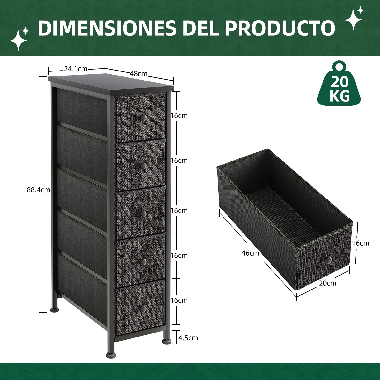 CAIYUN Mesita de noche, mesita con 5 cajones, mesa de sofá, mesilla para salón, dormitorio, marrón vintage-negro tinta (Negro)