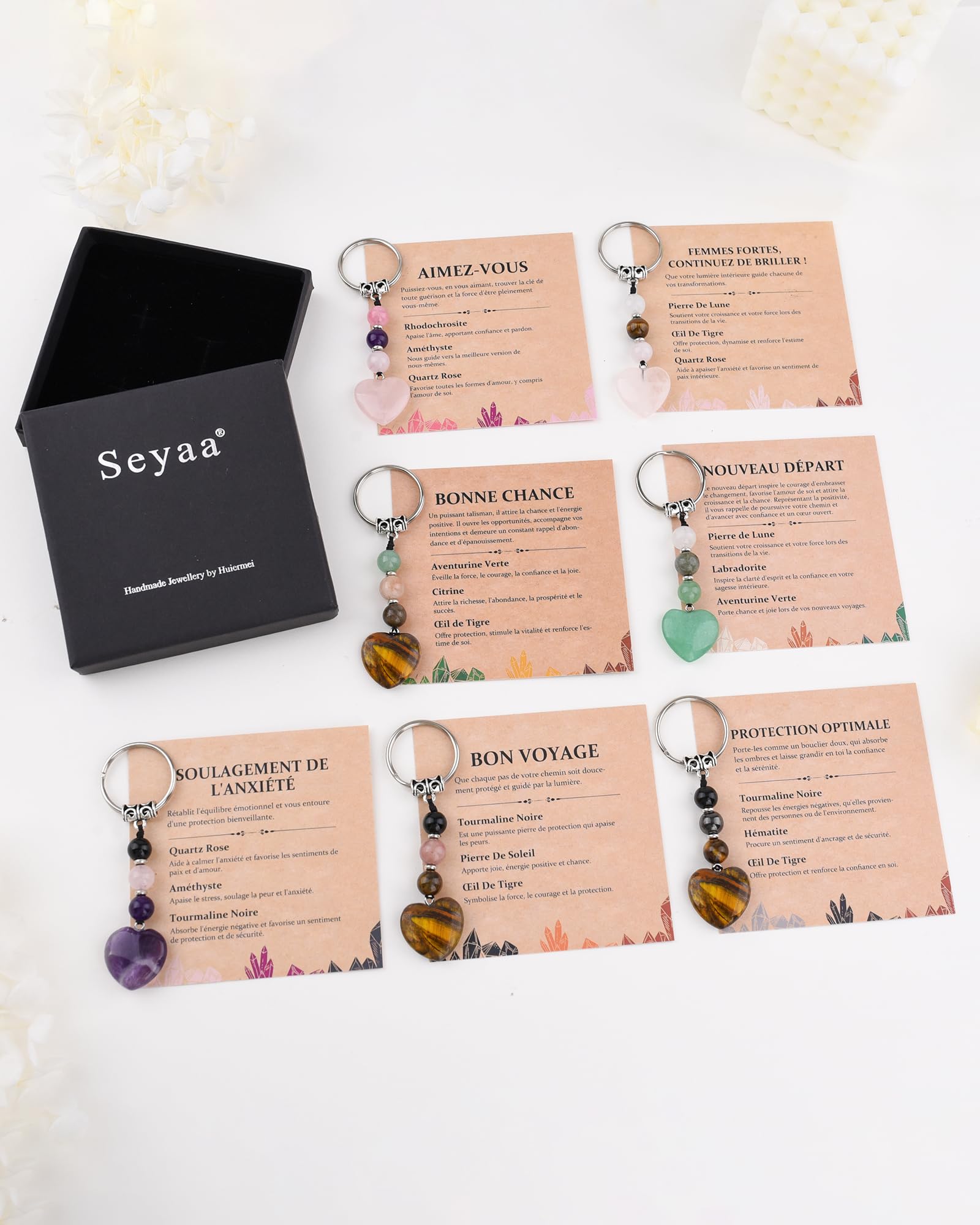 Seyaa Idée Cadeau pour Femme, Petit Cadeau pour Soeur Meilleure Amie Maman Collègue Marraine, pour Noël Anniversaire Retraite Pendaison de Crémaillère, Porte Clef Coeur Pierre Naturelle Bijoux de Sac