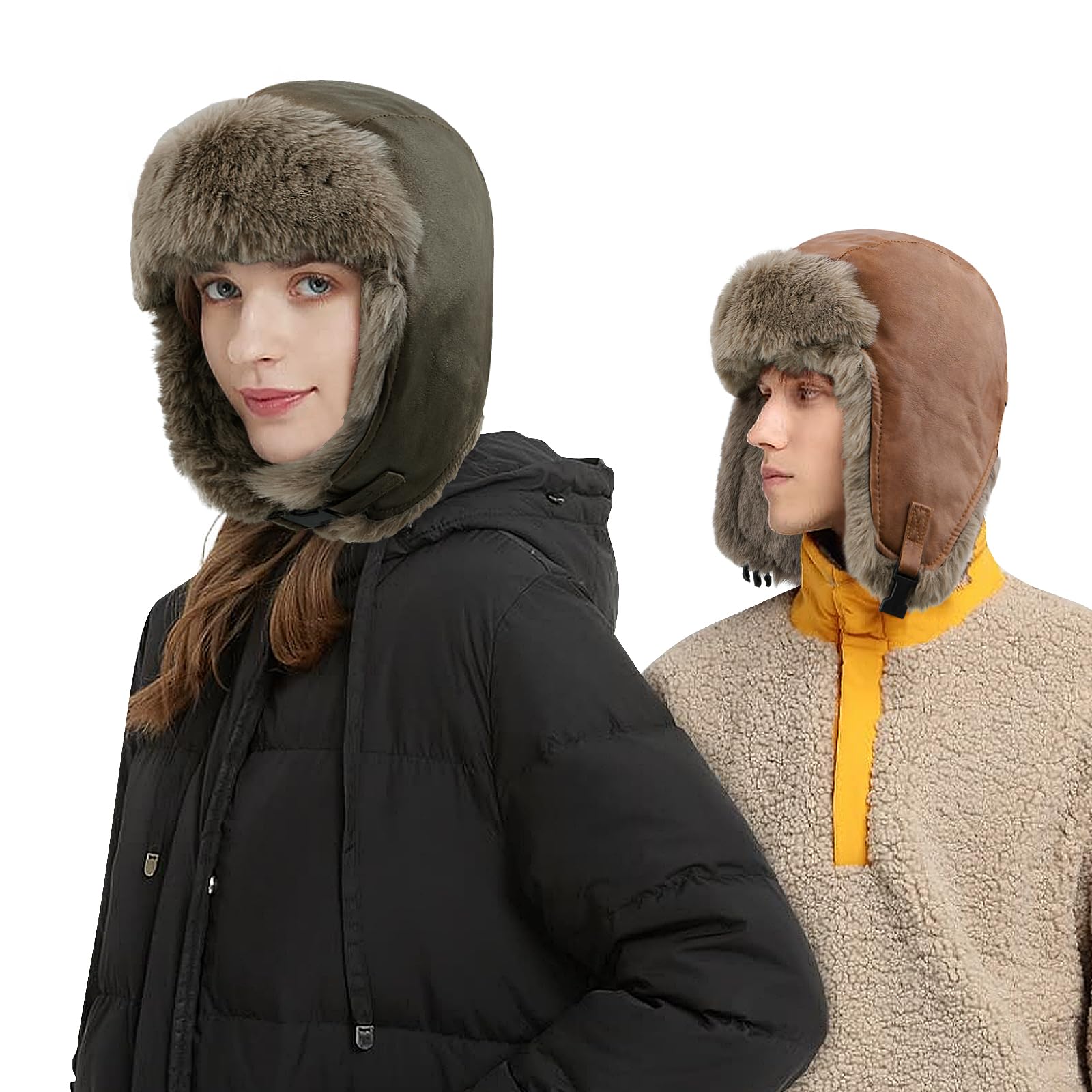 CLAPE Chapkas Faux Cuir Homme Femme Chapeau de Trappeur d'hiver Chaud Bonnet d'aviateur Étanche Coupe-Vent avec Oreillettes