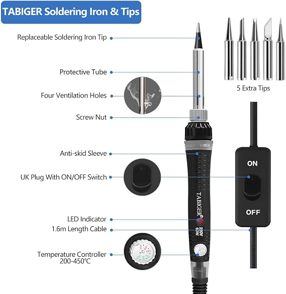 Soldering Iron Kit, Soldering Kit with LCD Digital Multimeter, 60W Soldering Iron with 5 Extra Tips, Stand, Desoldering Pump, Solder, Wire Stripper Cutter, Tweezers, Tape, Tool Bag
