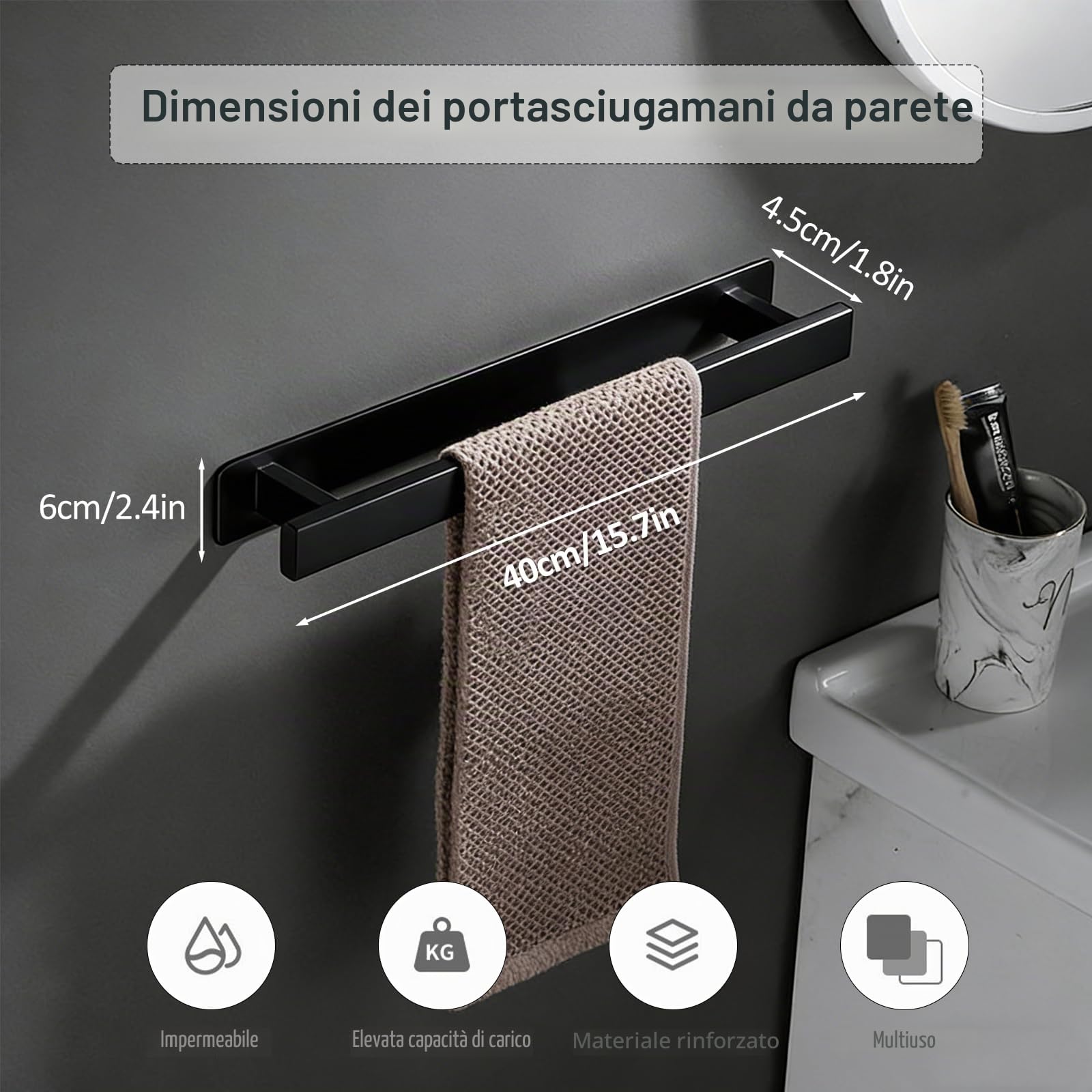 Porta Asciugamani da Parete Senza Forare in Acciaio Nero