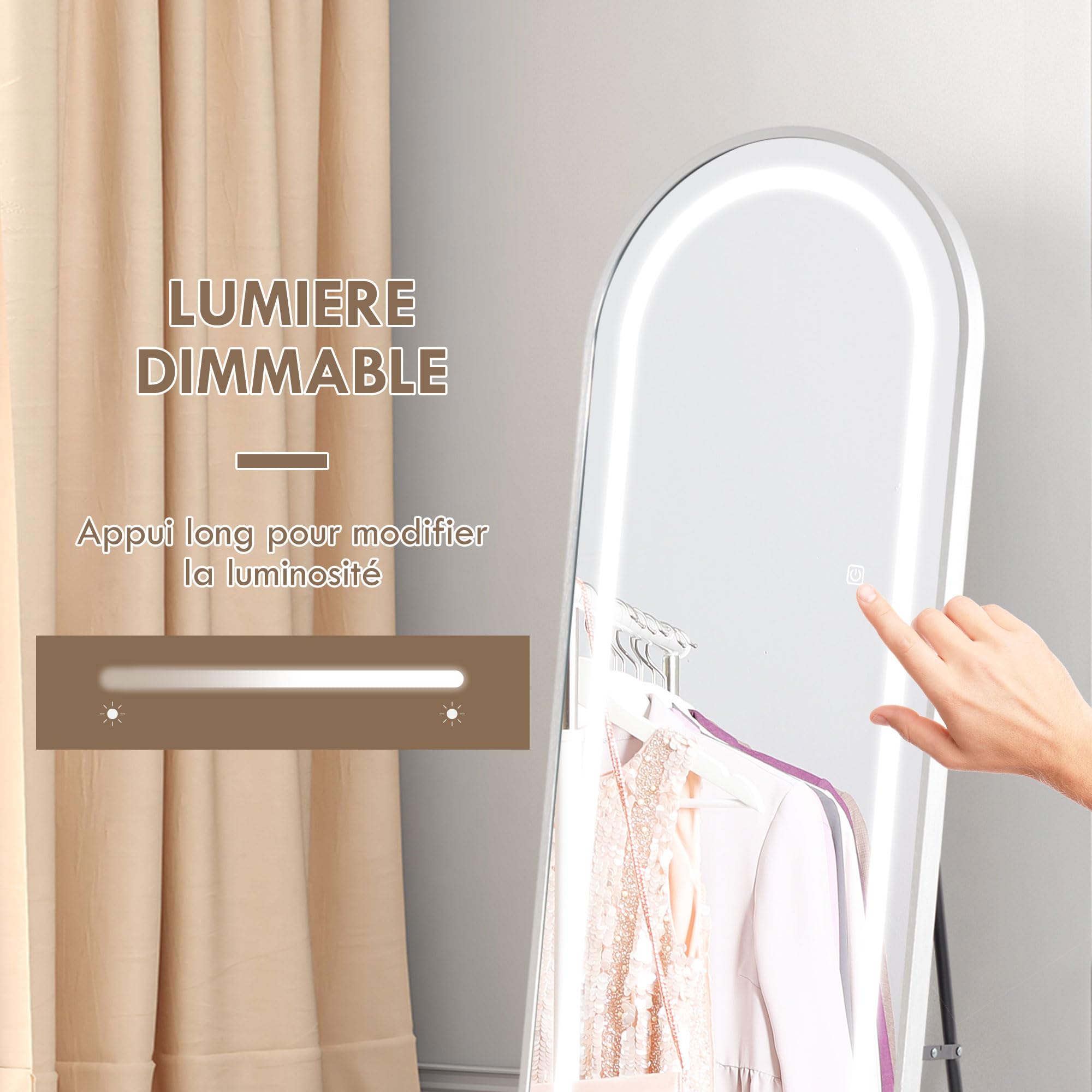 HOMCOM Miroir Pleine Longueur LED 150x40 cm 3 Couleurs Lumière Réglables Interrupteur Tactile Fonction Mémoire Argent
