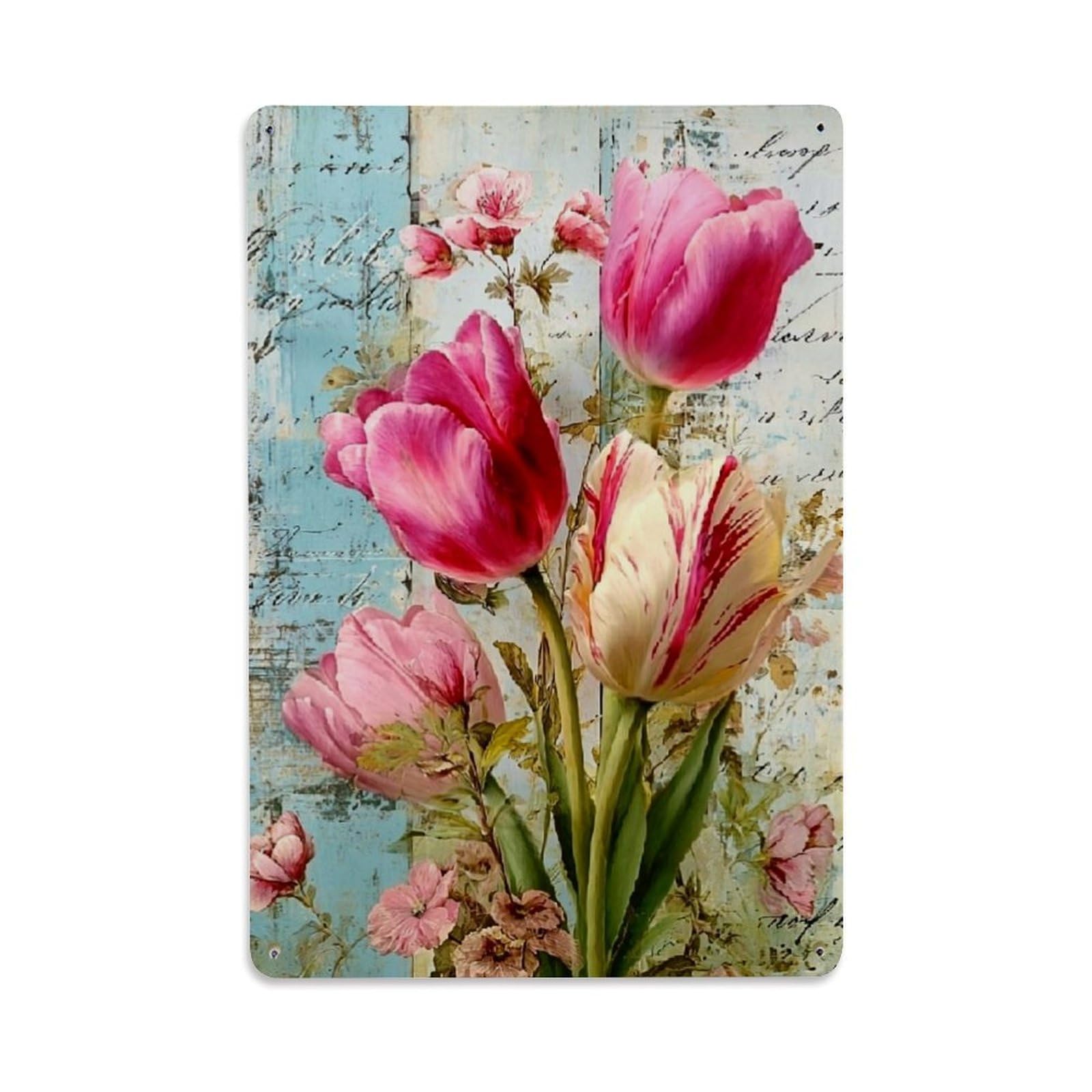 Vintage Floral Tulip Script Background Retro Metal Tin Sign, Vintage Metal Poster for home, Gaming Room, Studio Workshop,Bar,Garage Wall Art Decor 8x12 Inch