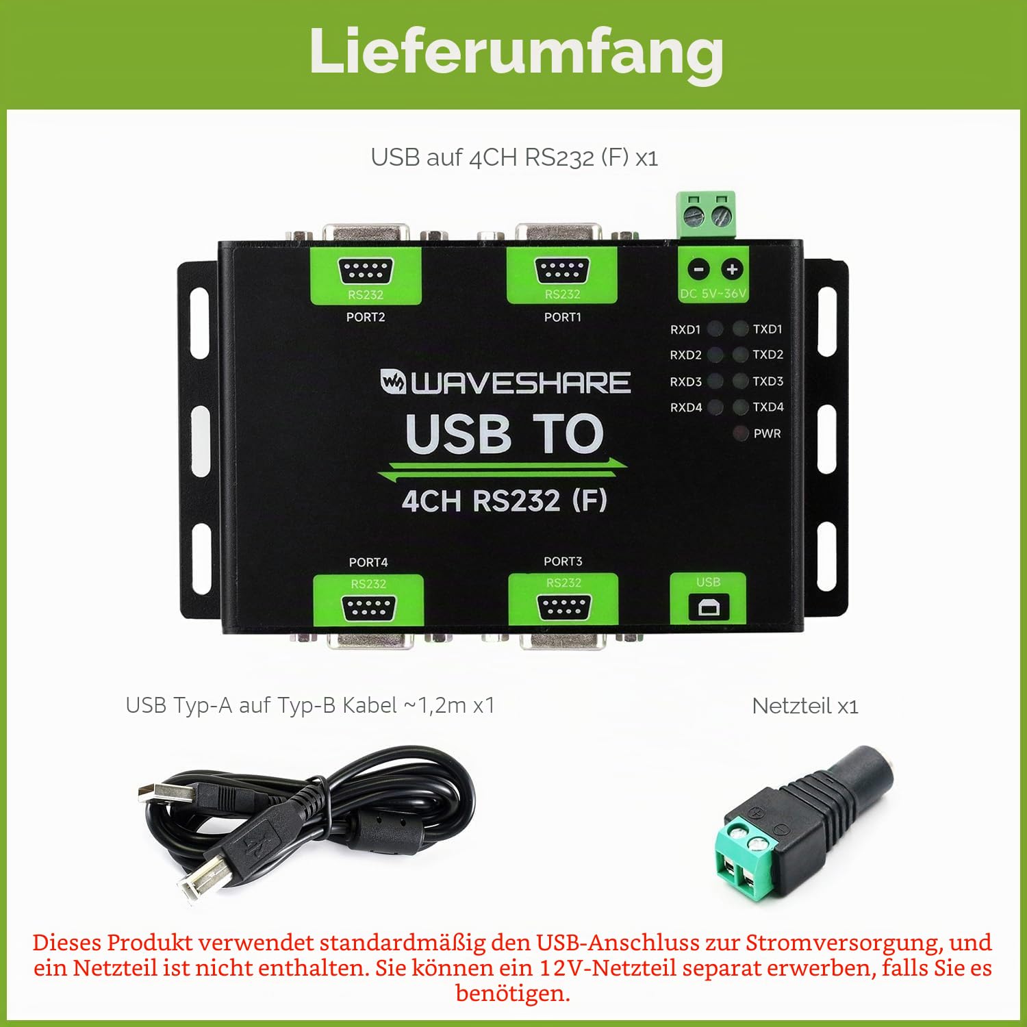 Waveshare Industrial Isolated USB to 4CH RS232 Converter (DB9 Female Interface), Adopts Original FT4232HL Chip, Features High-Speed&Stable Communication, Compatible with Mac/Linux/Android/Windows...