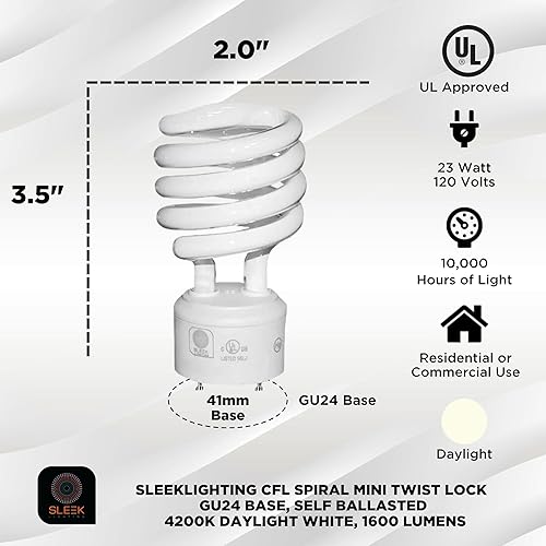 Miniatura 10 de SLEEKLIGHTING Bombilla Gu24 de 23 vatios con certificación UL, dos puntas torcidas de 2 pines, espiral T2, CFL 5000K, 1600 lm, luz de día, paquete