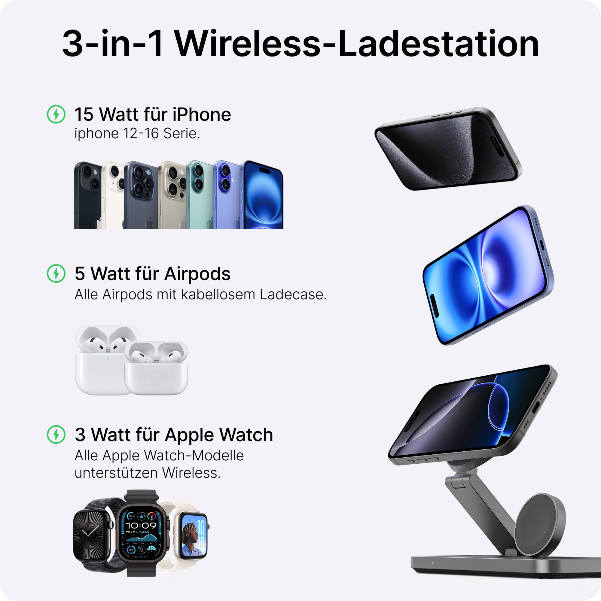 Voomy 3-in-1 Induktive Ladestation Kompatibel mit Magsafe Ladegerät, iPhone, AirPods & Apple Watch, 15W Wireless Charger – Faltbar, Schnellladefunktion, inkl. USB-C Kabel & Adapter (Schwarz Aluminium)