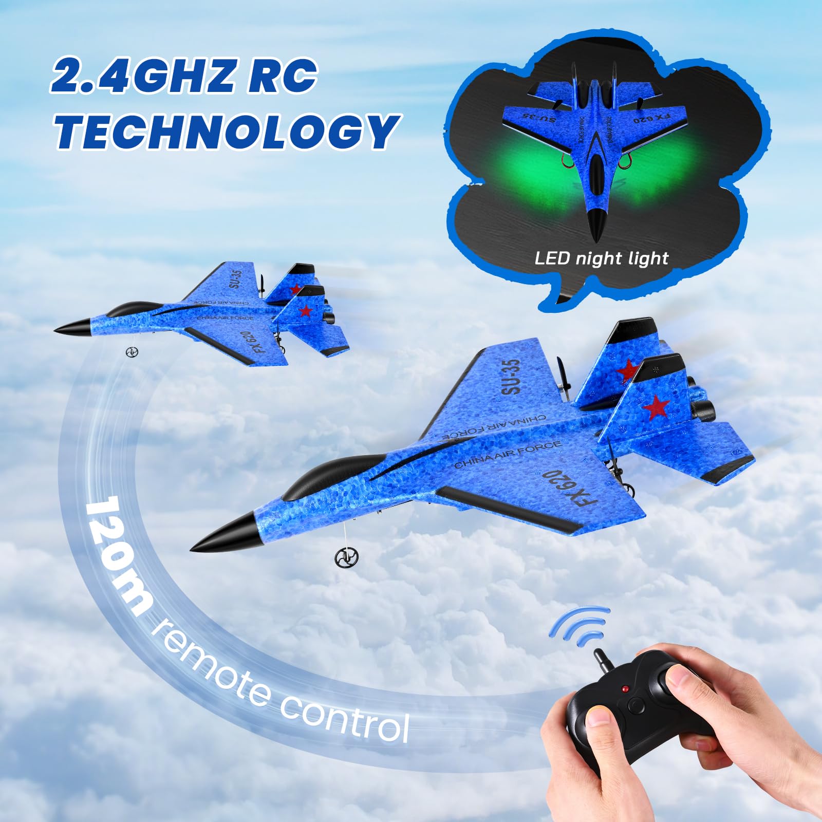 Avión Teledirigido, Avión RC 2.4GHz Avións Control Remoto Niño, Luces LED de Colores, para Niños y Principiantes, estabilizador giroscópico de 3 Ejes de Control Remoto,Azul