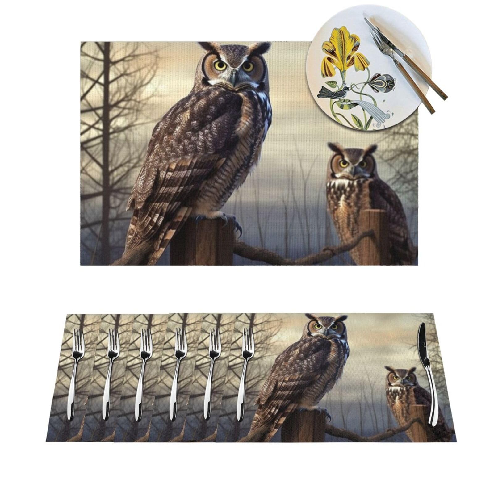Set de table en vinyle hibou lot de 6 pièces antidérapantes pour cuisine et salle à manger