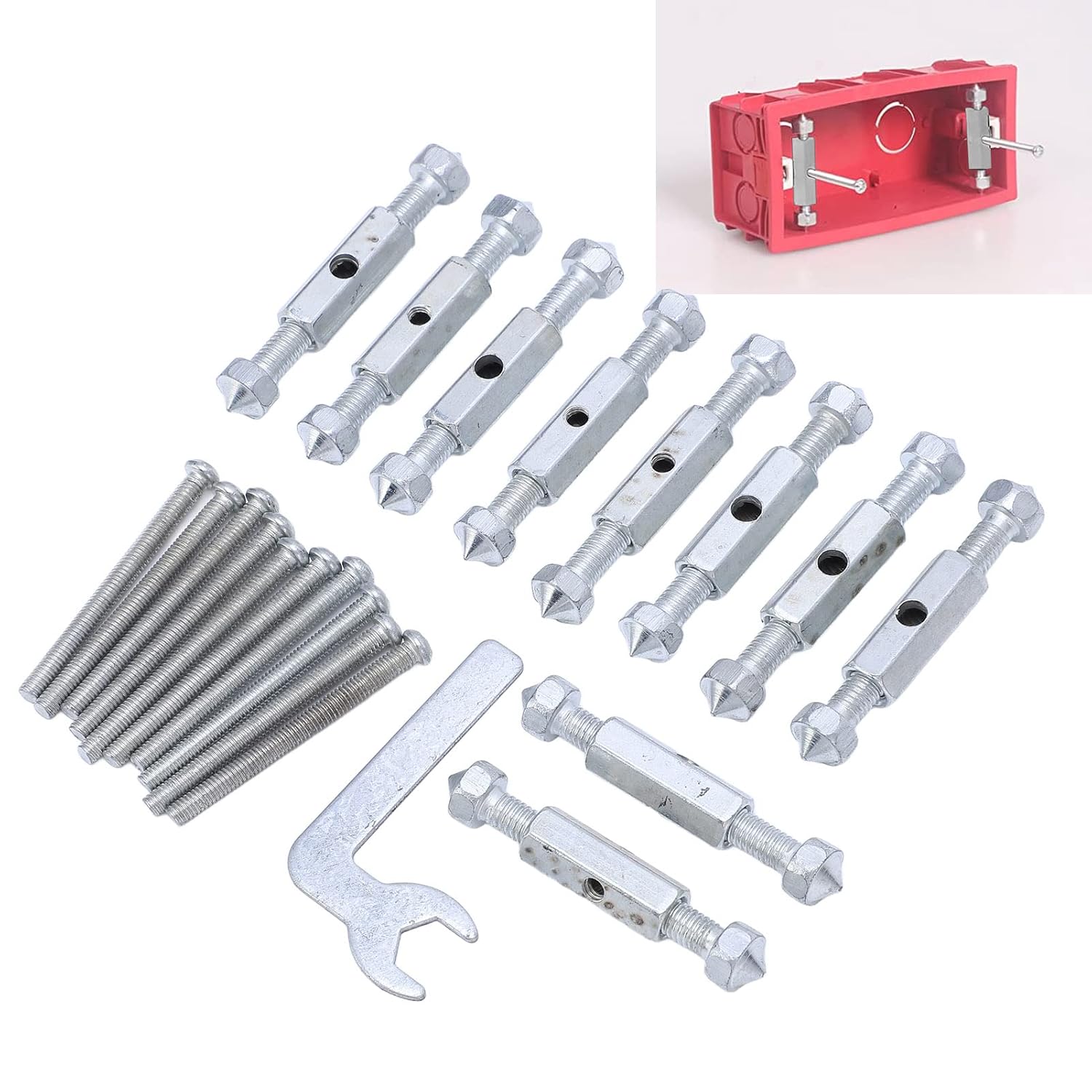 Junction Box Repair Device for 118mm Wall Electrical Boxes, Metal Support Rod with Wrench, Wall Plate Cassette Repair Kit, 10 Support Rods, 10 Bolts, Home Electrical Maintenance Tool
