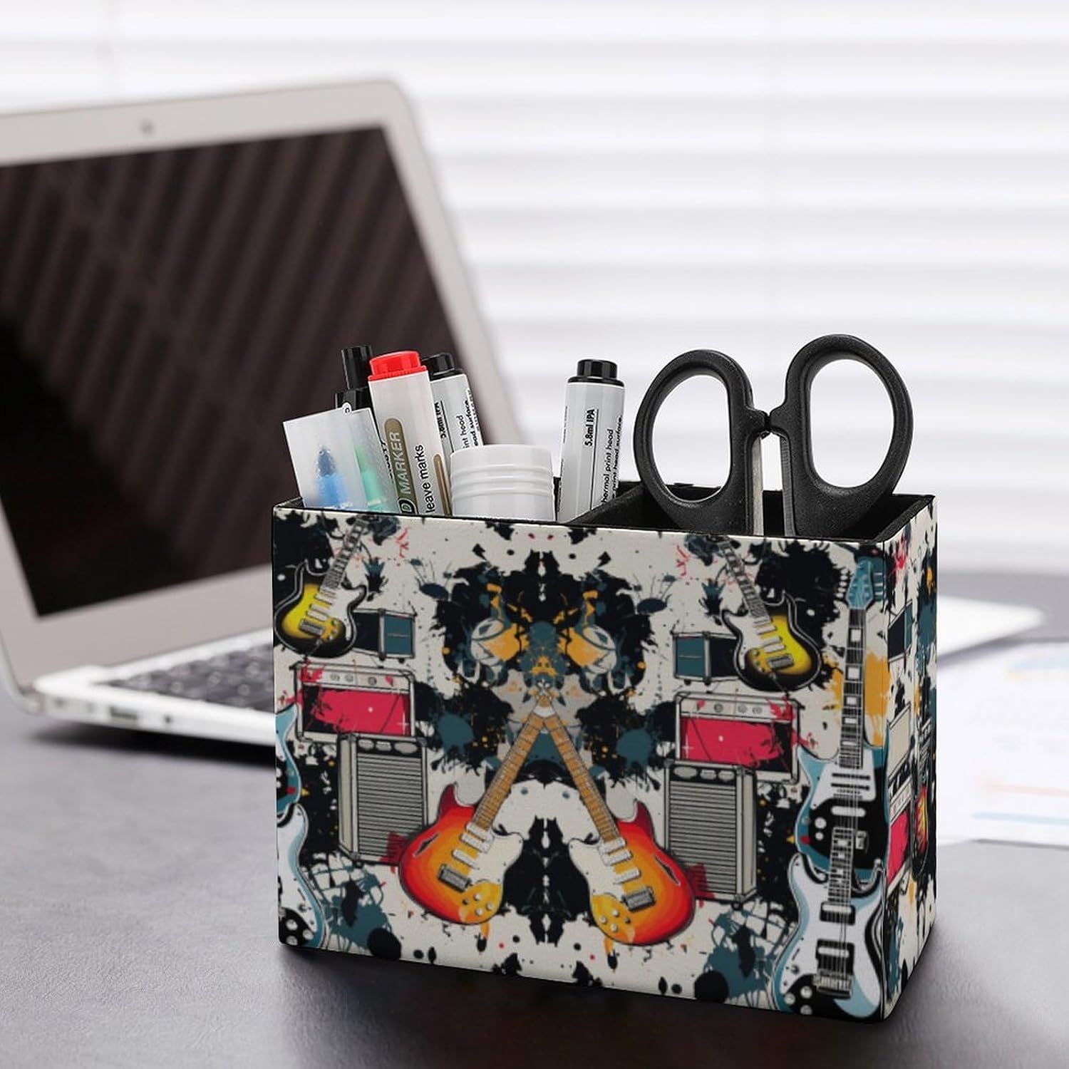 PU Leather Rock Music Pattern Pen Holder with 2 Compartments Desk Stationery Organizer Remote Control Container Caddy Makeup Brush Storage Box Desktop Decor for Office Home image 5