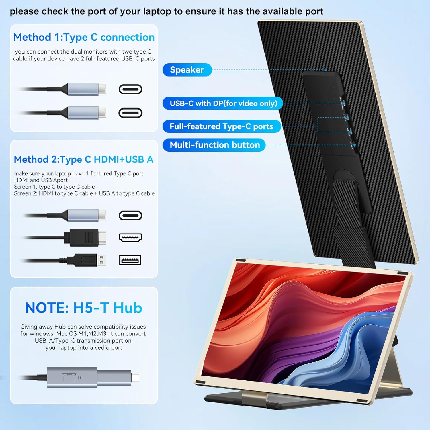 Laptop Screen Extender,15.6" Portable Monitor, FHD 1080P Ultra-Slim Travel Monitor with Speakers, Triple Display Extension, Compatible with 13-17.3" Laptops