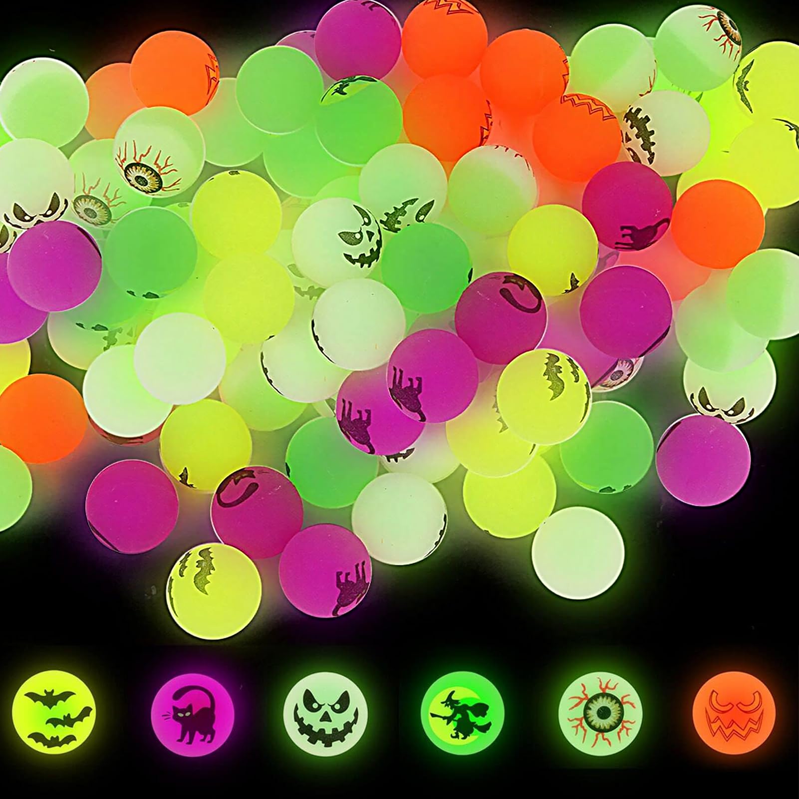 36 Boules Rebondissantes Phosphorescentes Halloween - 3,2 Cm, 6 Couleurs, Caoutchouc Non Toxique, Pour Décorations Et Jeux De Fête - 5