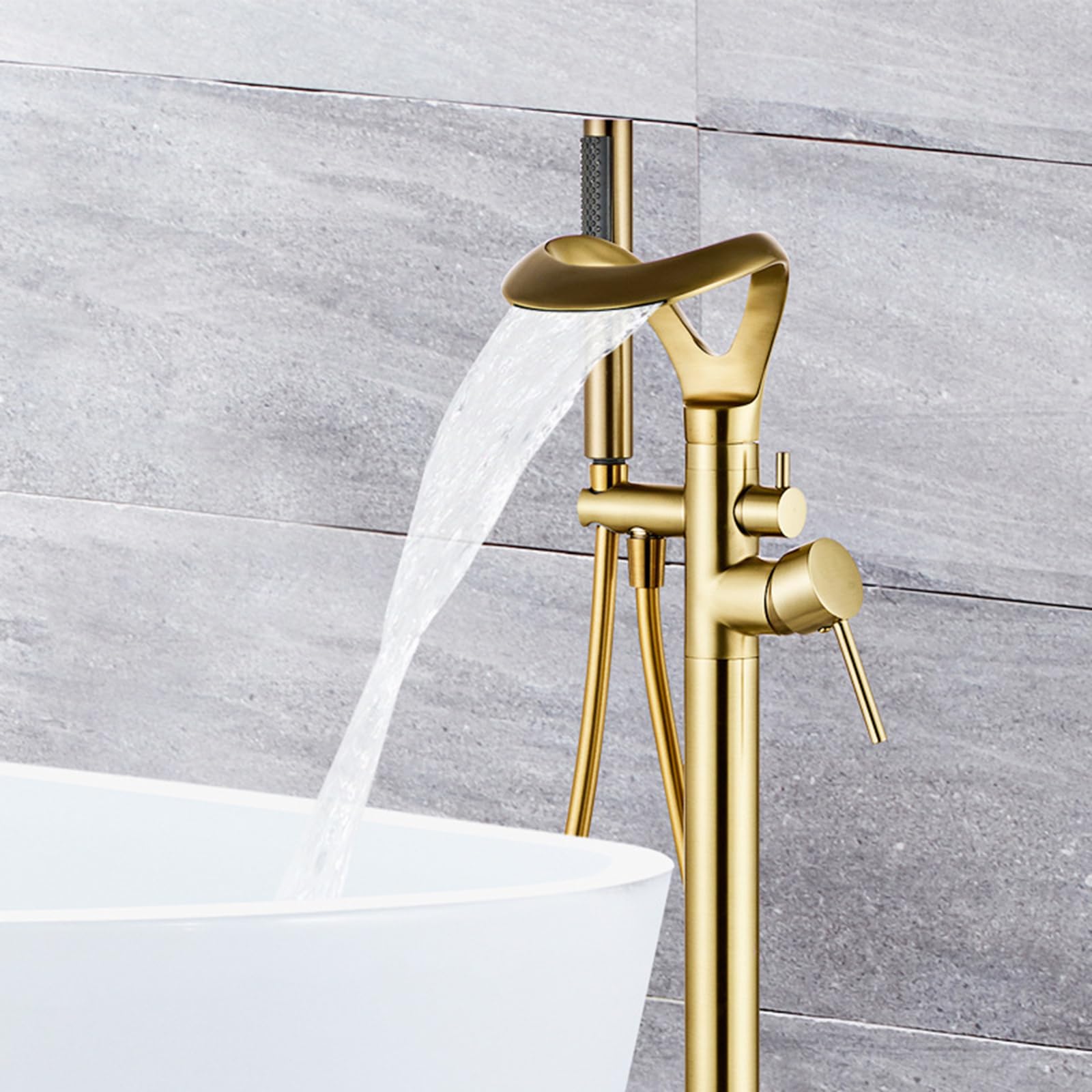 Rubinetto Vasca da Bagno da Terra con Doccetta 360° Rotazione Miscelatore a Cascata per Vasca da Bagno 2 Modalità,Oro Spazzolato