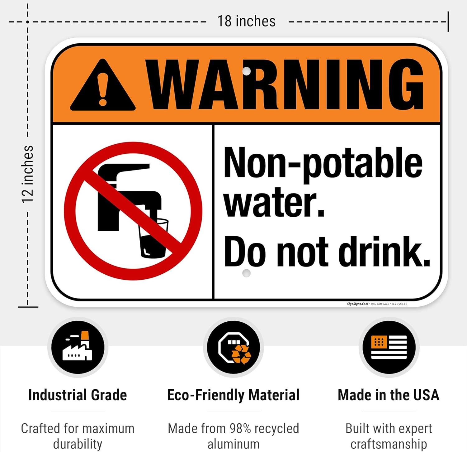 Non Potable Water Do Not Drink Sign, 12x18 Inches, Rust Free .063 Aluminum, Fade Resistant, Made in USA