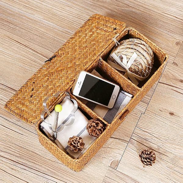 Seagrass Tank Basket with Lid Woven Toilet Roll Storage Basket with Sections Rectangular for Organize Snack Toys Tampon (Large Compartment 16.5inch L x 5.5inch W x 5.5inch H) Natural by DECRAFTS - Used condition - Image 9
