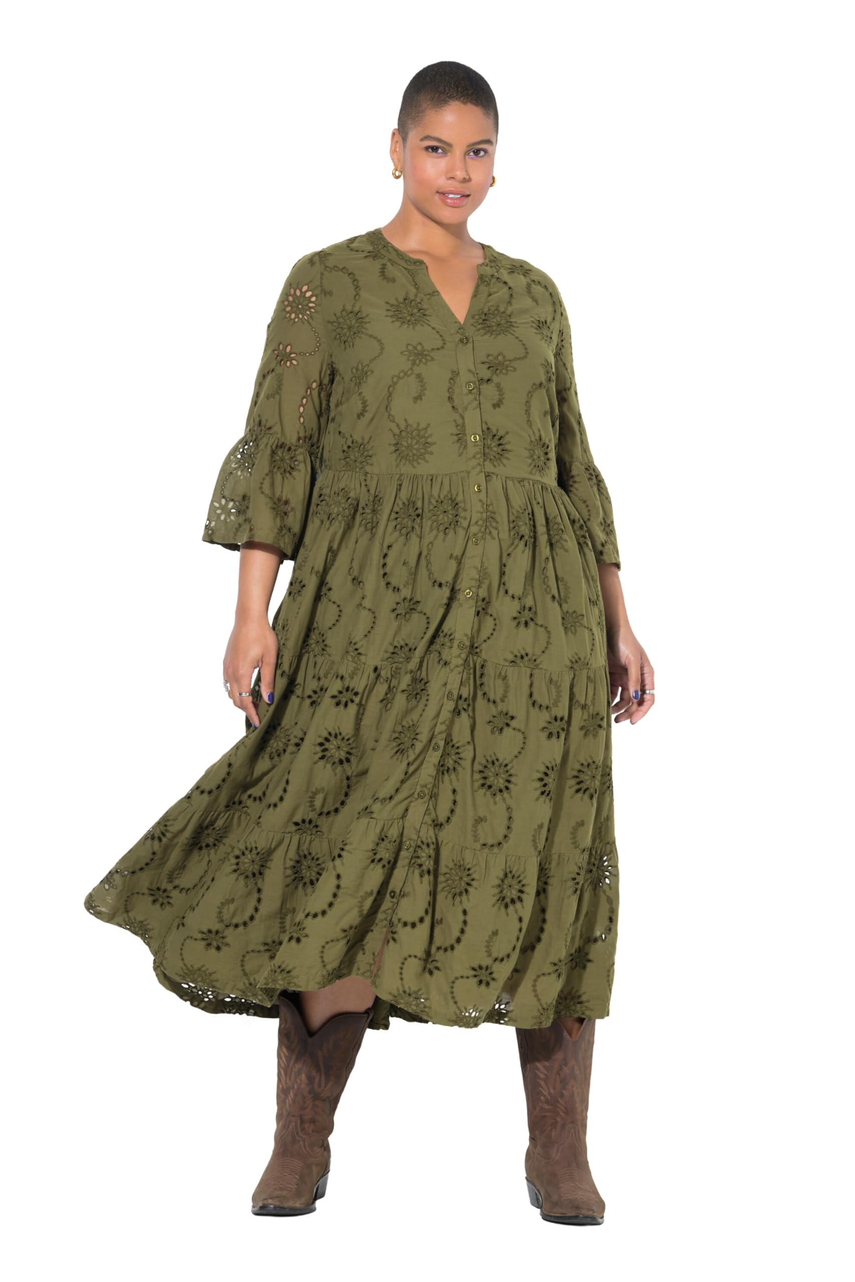 Studio Untold Damen große Größen Übergrößen Plus Size Midikleid, Lochstickerei, Volants, 3/4-Ärmel 842601