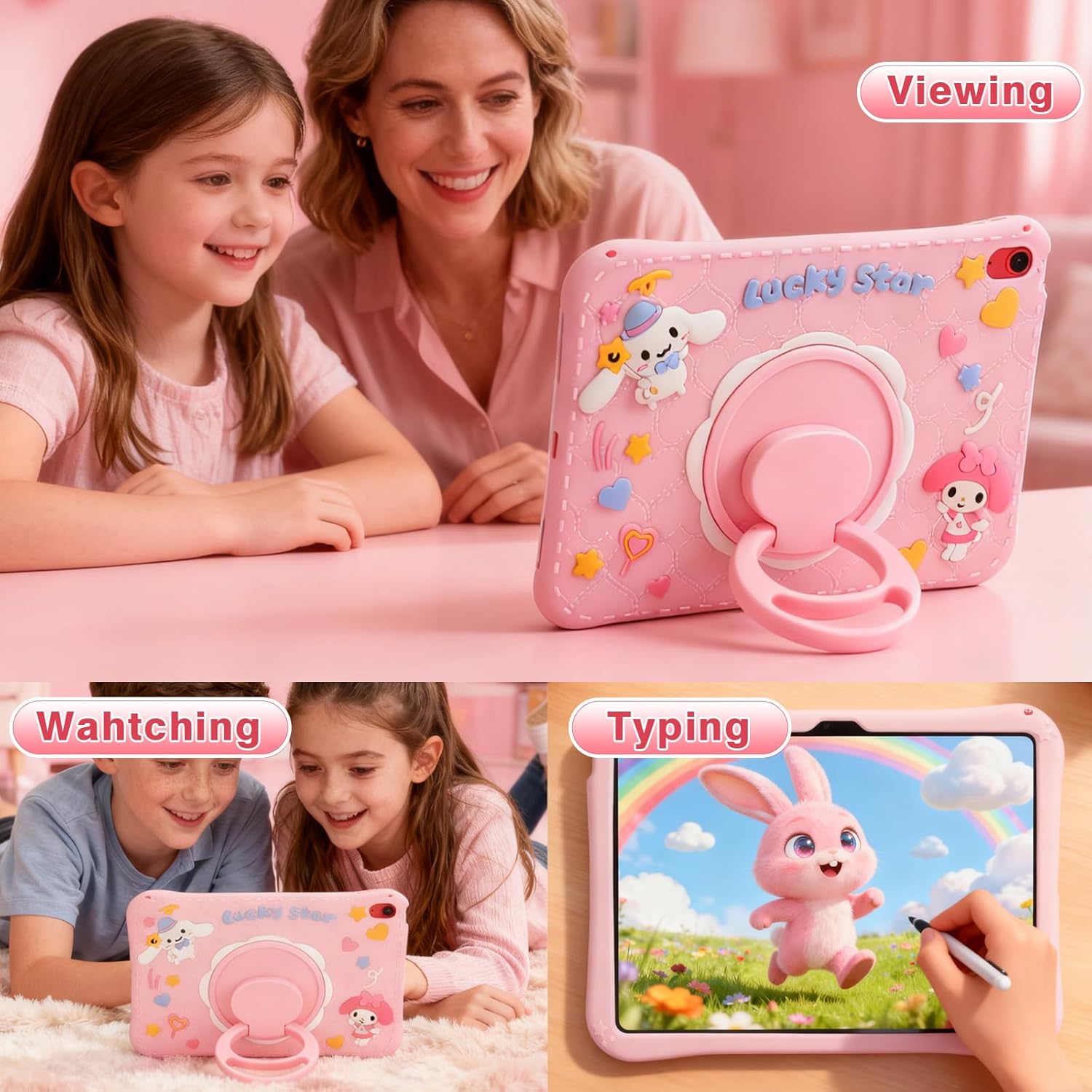 Kids iPad Case for A16 11th Generation 11 Inch 2025 & 10th Generation 10.9 Inch 2022, Pink Cute 3D Cartoon Design with 360 Rotatable Kickstand, Adjustable Strap, Shockproof Protective Cover for Girls