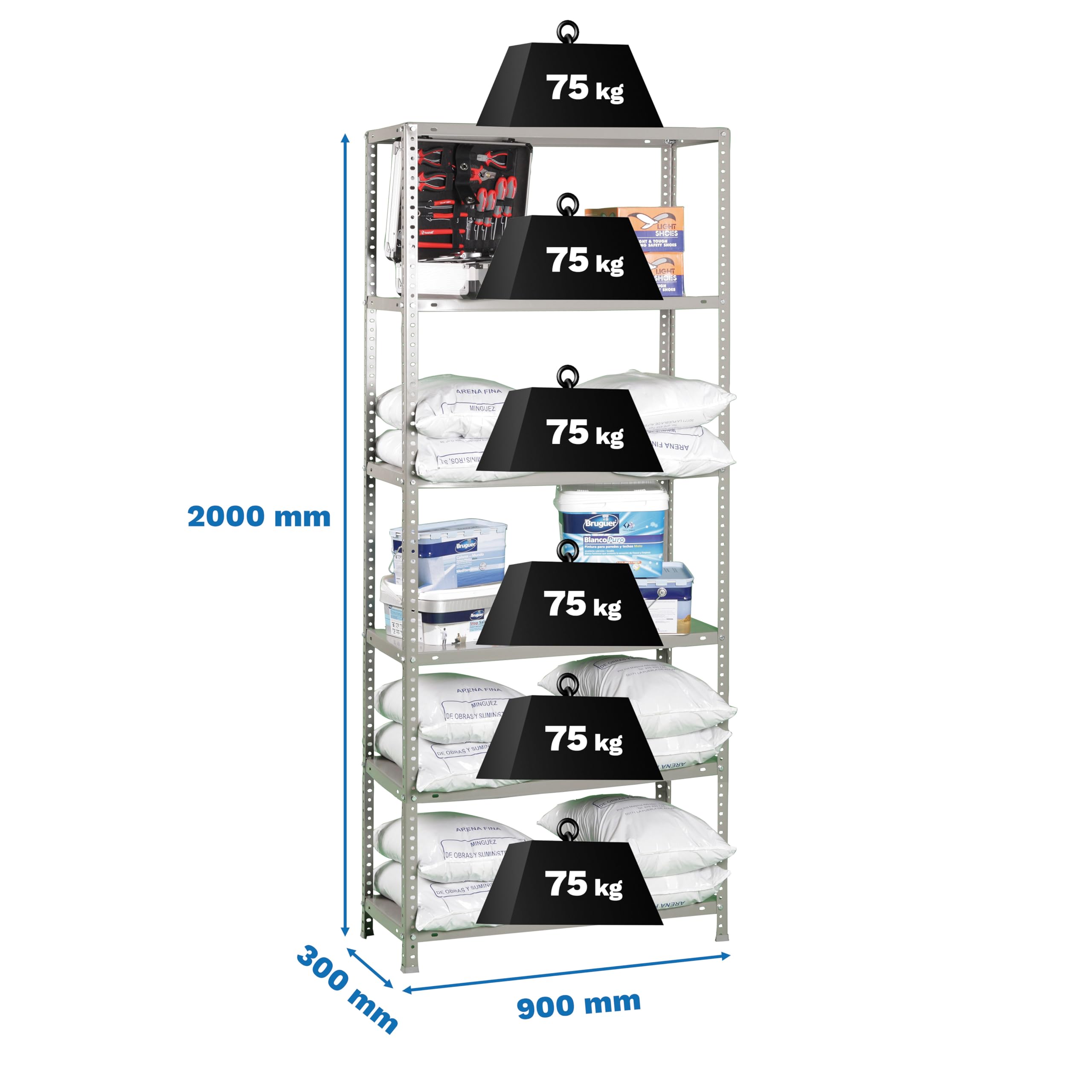 Simon Rack Regał metalowy 2000x900x300 mm, 6 półek, nośność 75 kg na półkę, regał magazynowy i garażowy, stabilna konstrukcja, łatwy montaż, kolor Szare – Simon Classic