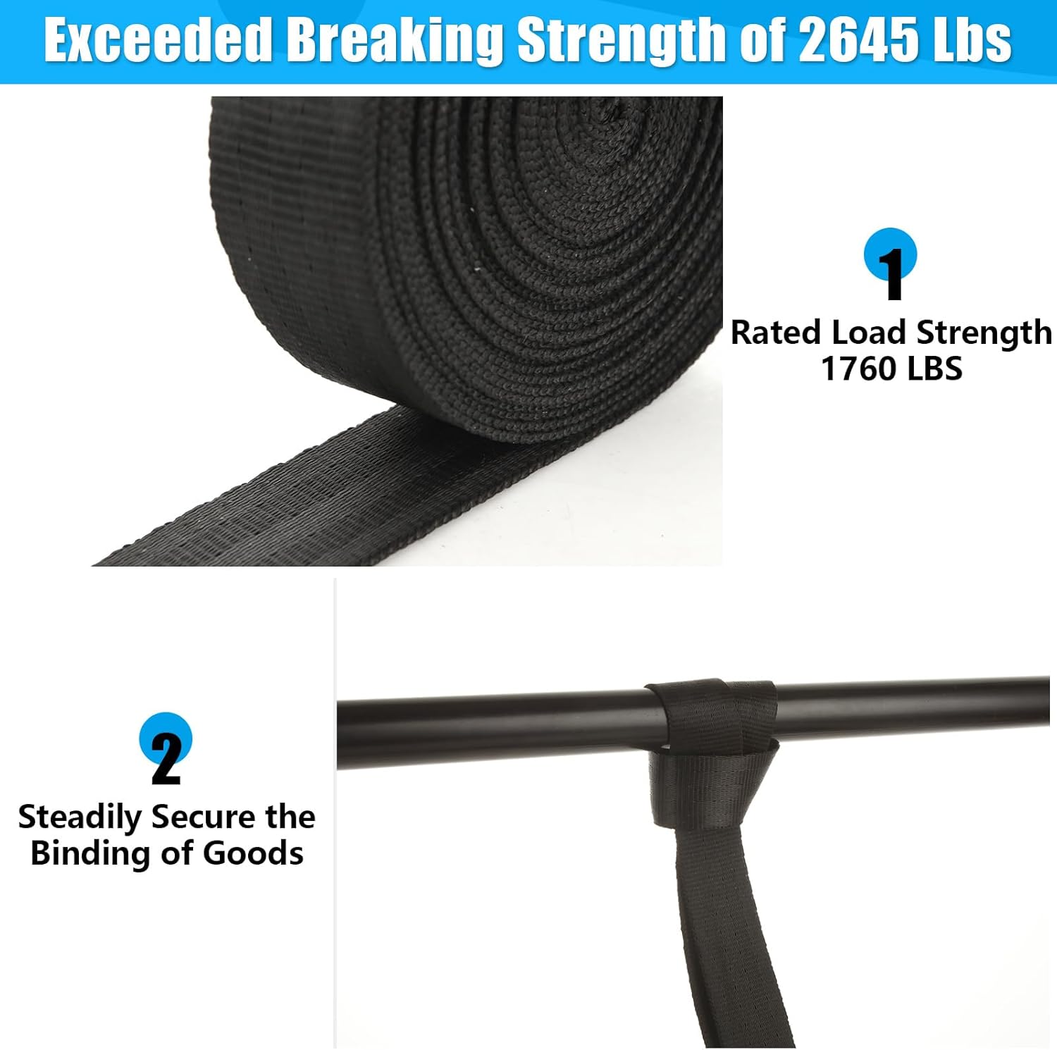 4pc 1in Ratchet Straps - Heavy Duty 20ft Tie Downs with Hooks, Black Ratcheting Straps for Motorcycle & Trucks - 2645 LBS Strength - Image 3