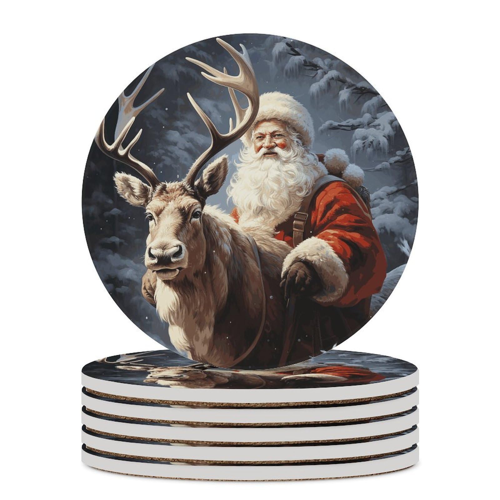 Khauerbc Style Santa Claus And Deer Elk Drink Coasters With Holder For Coffee Table,Ceramic Coaster With Cork Base,Ceramic Stone Coaster For Iced Cold Or Hot Drinks,4.1 Inches